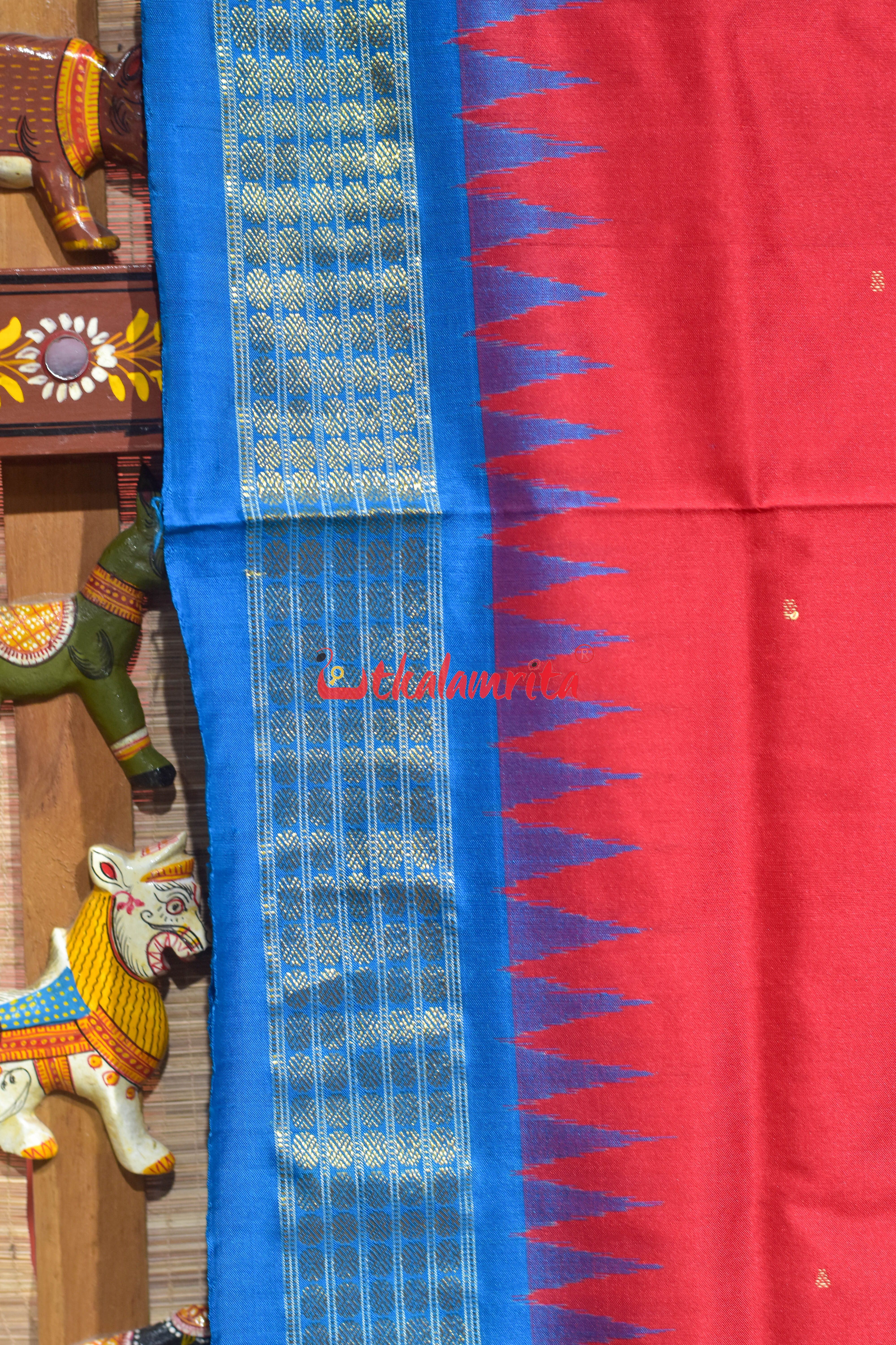 Red Blue Half Tissue Sambalpuri Silk Saree