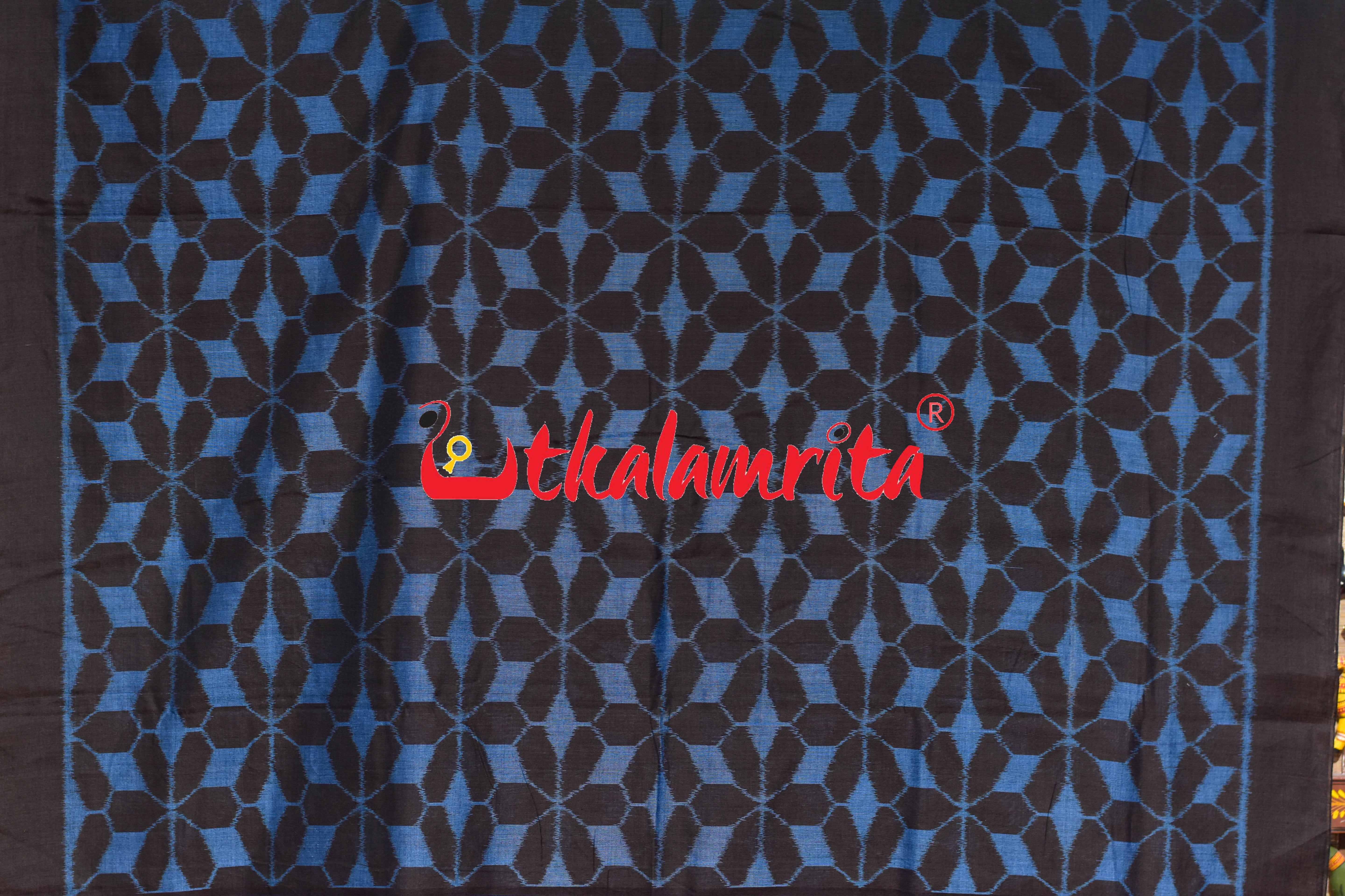 Hexagon Flower Coffee Blue Khandua Cotton Saree