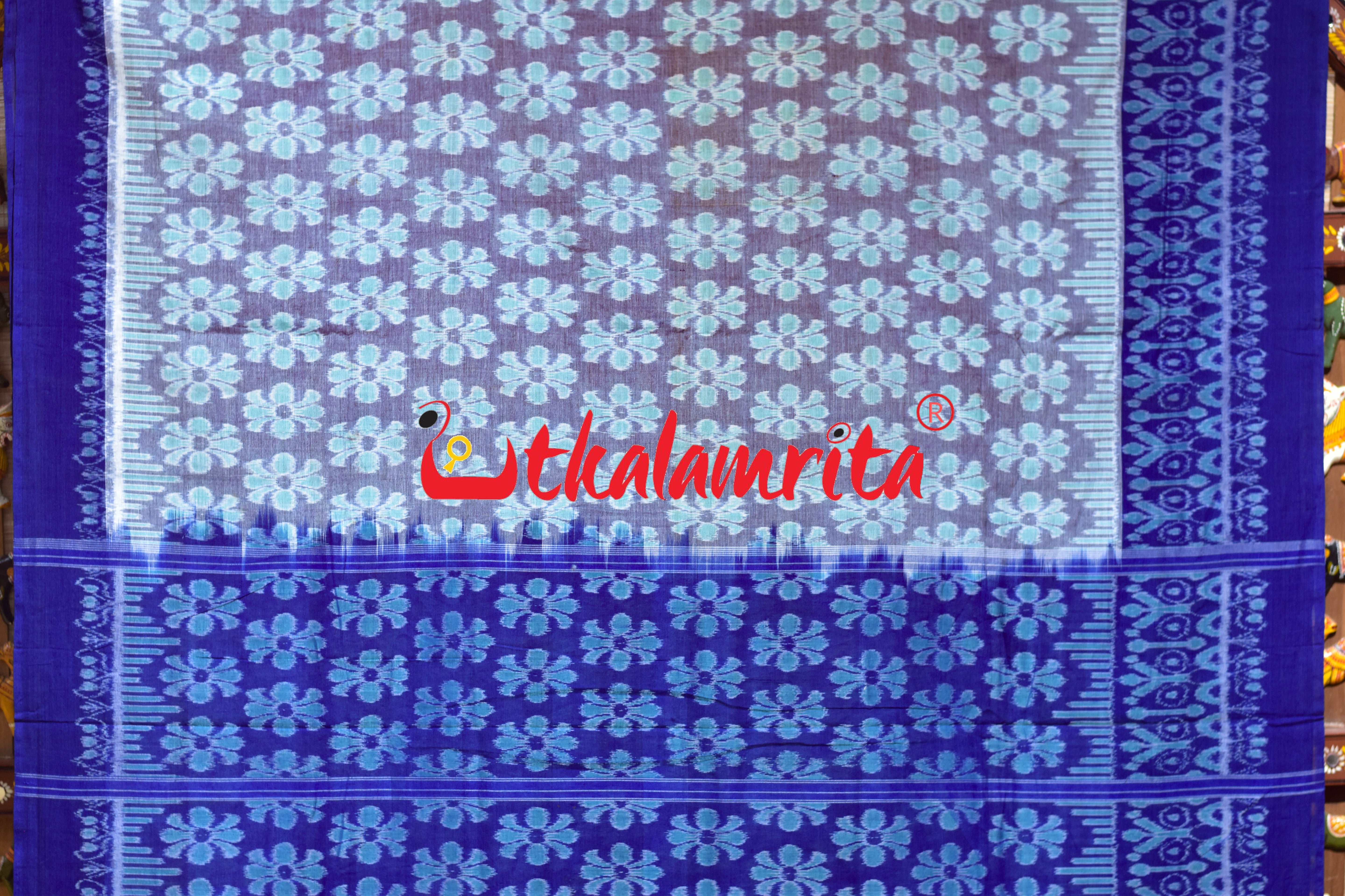 Grey Blue Flower Sambalpuri Cotton Saree
