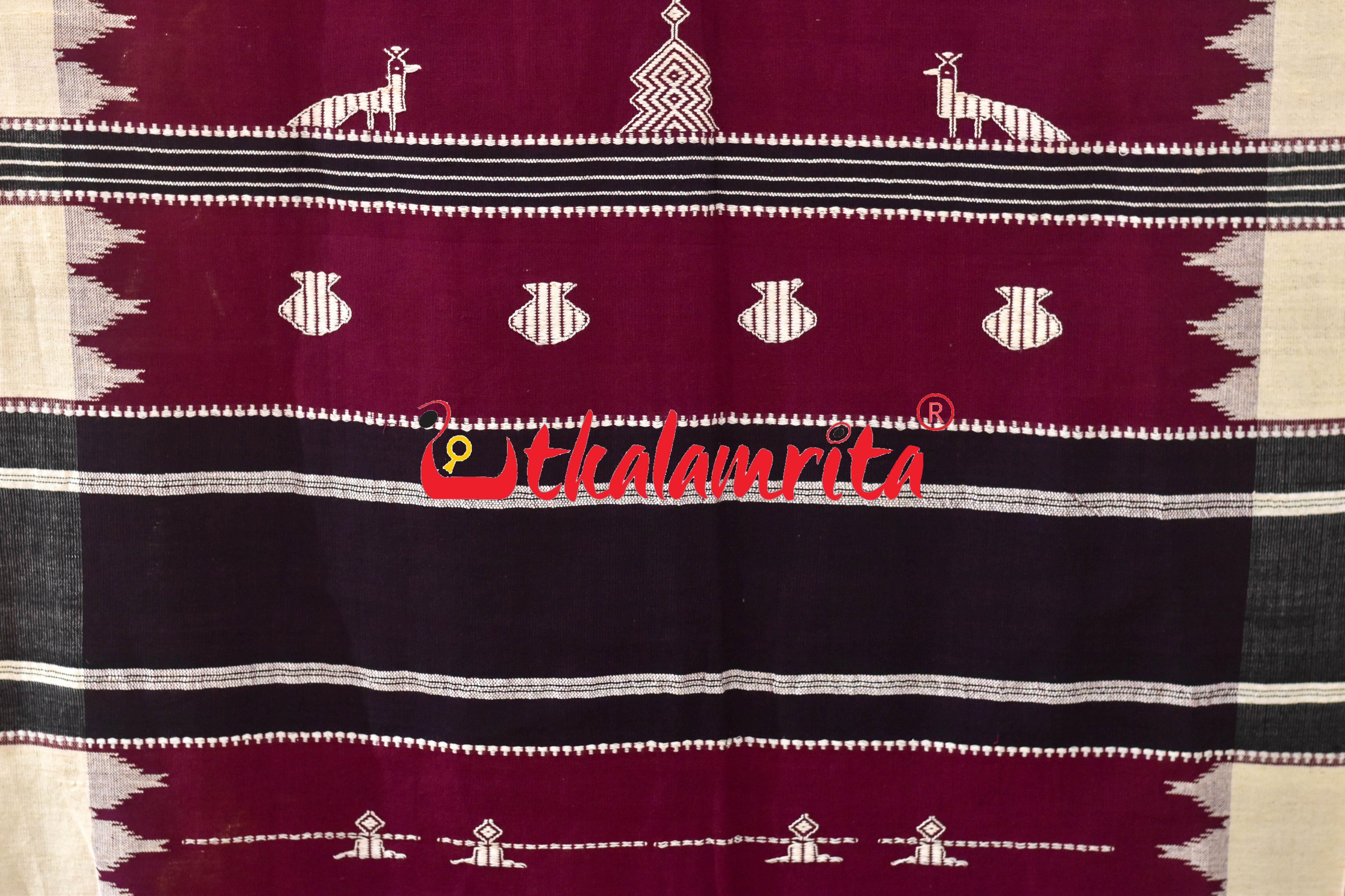 Maroon with Black Stripes Adibasi Kotpad (Dupatta)