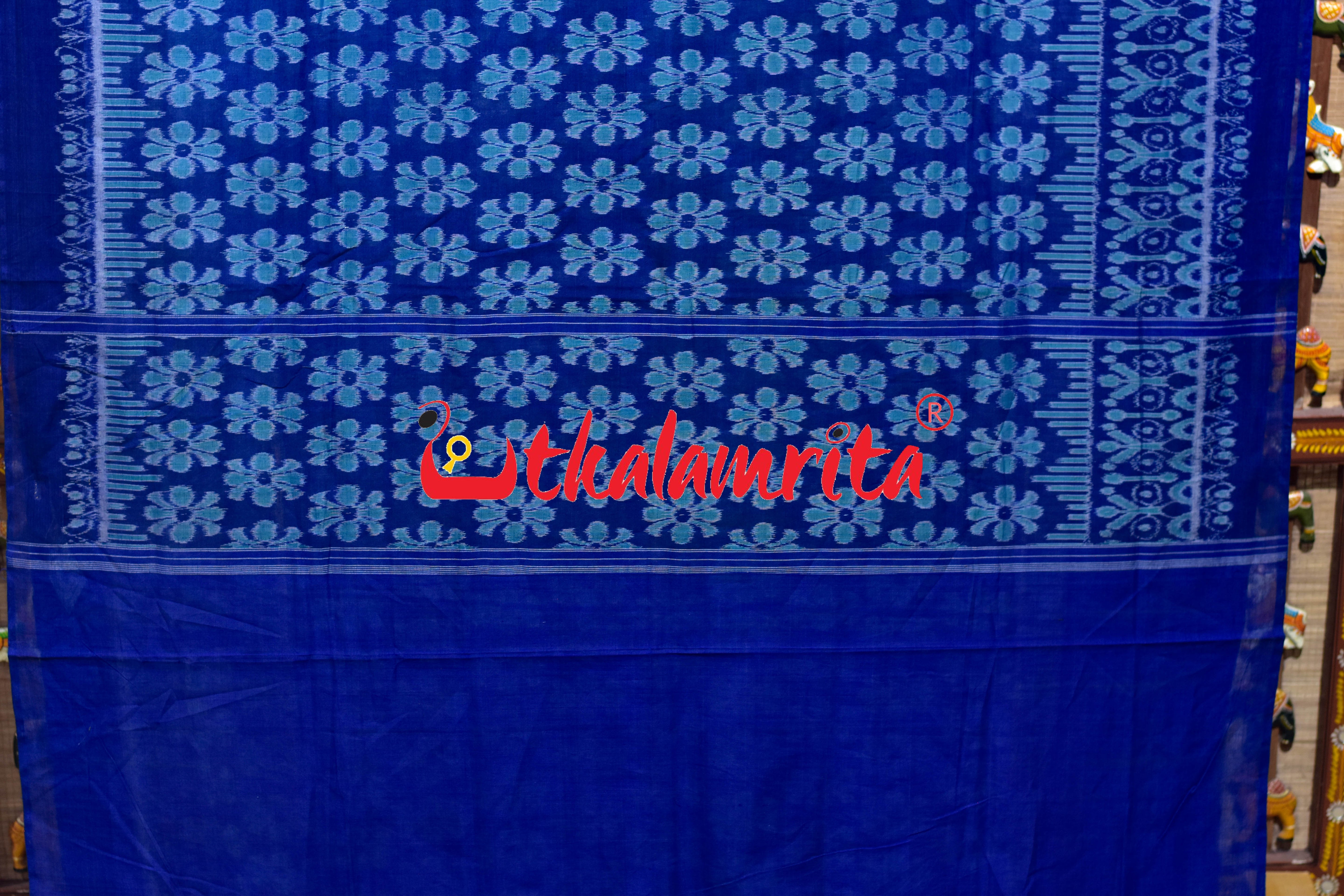 Grey Blue Flower Sambalpuri Cotton Saree