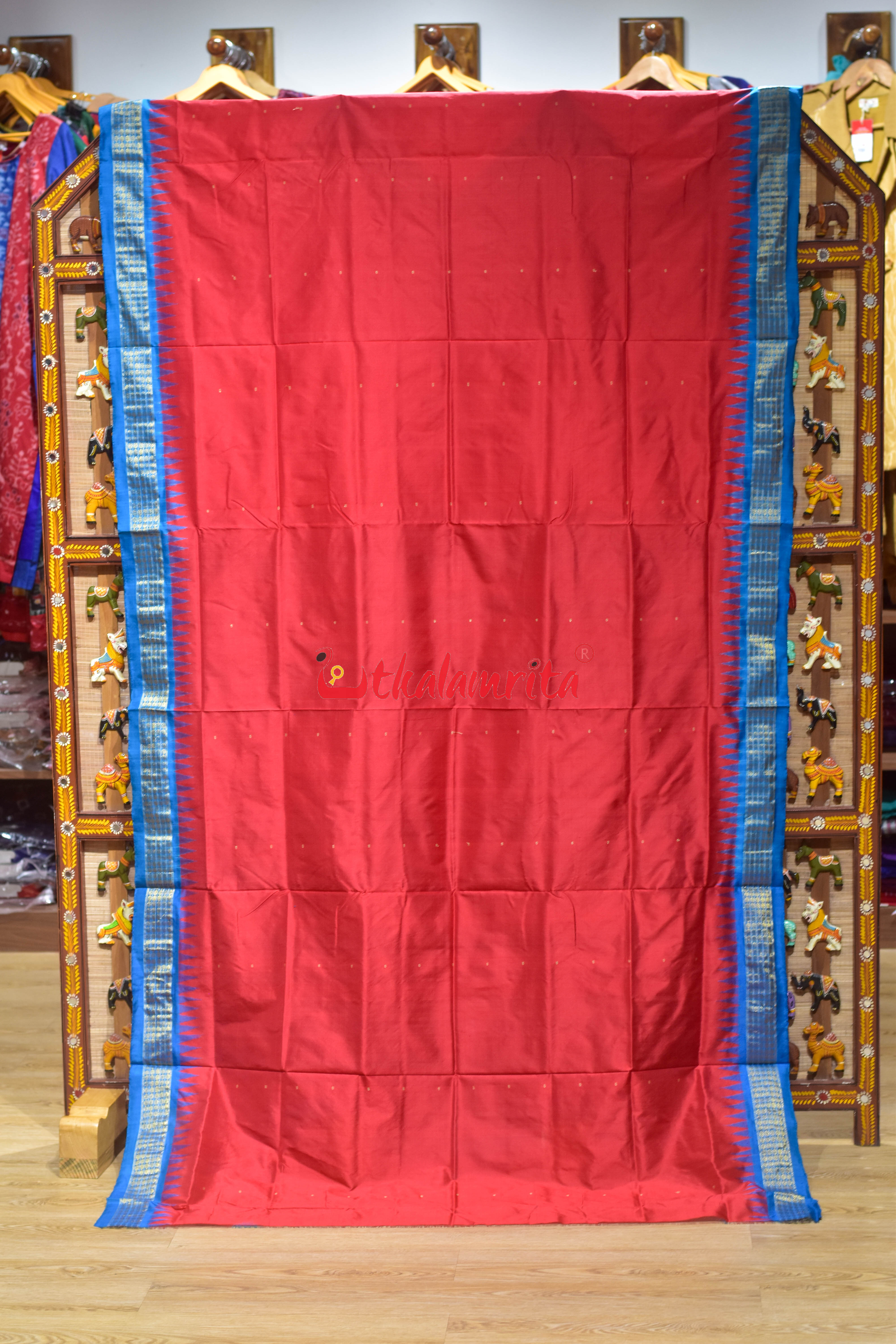 Red Blue Half Tissue Sambalpuri Silk Saree