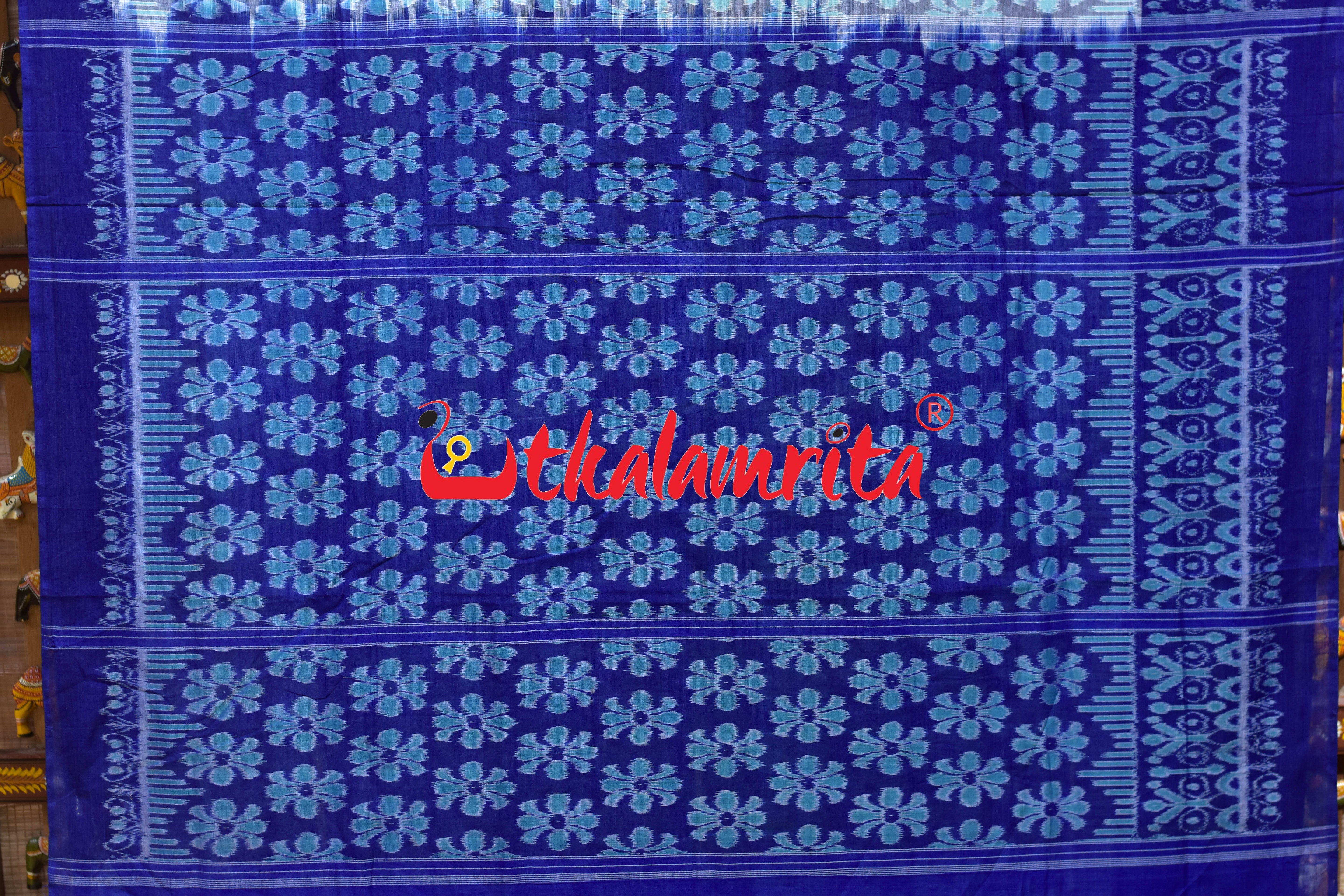 Grey Blue Flower Sambalpuri Cotton Saree