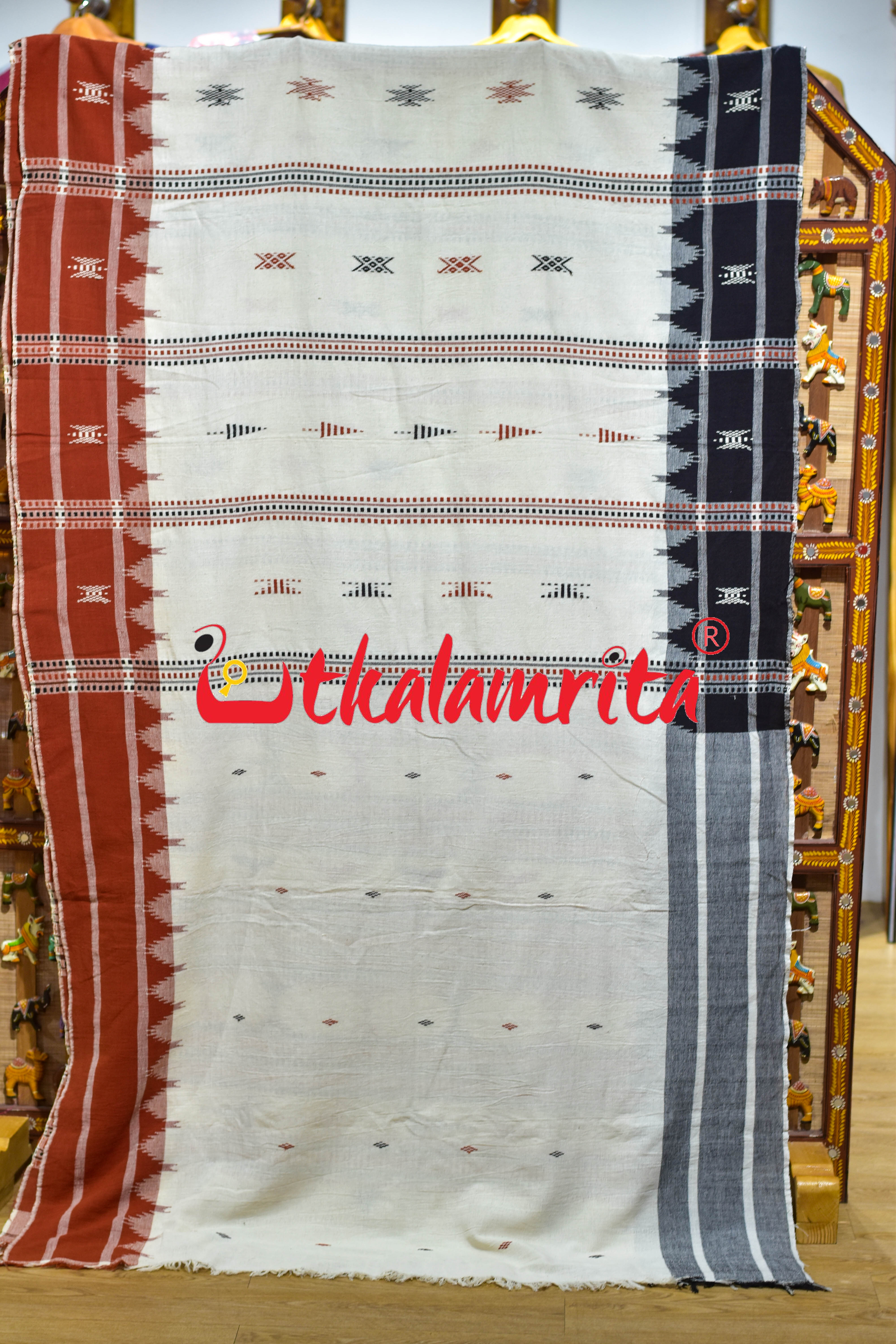 Off White Black Temple Design Kotpad Cotton Saree