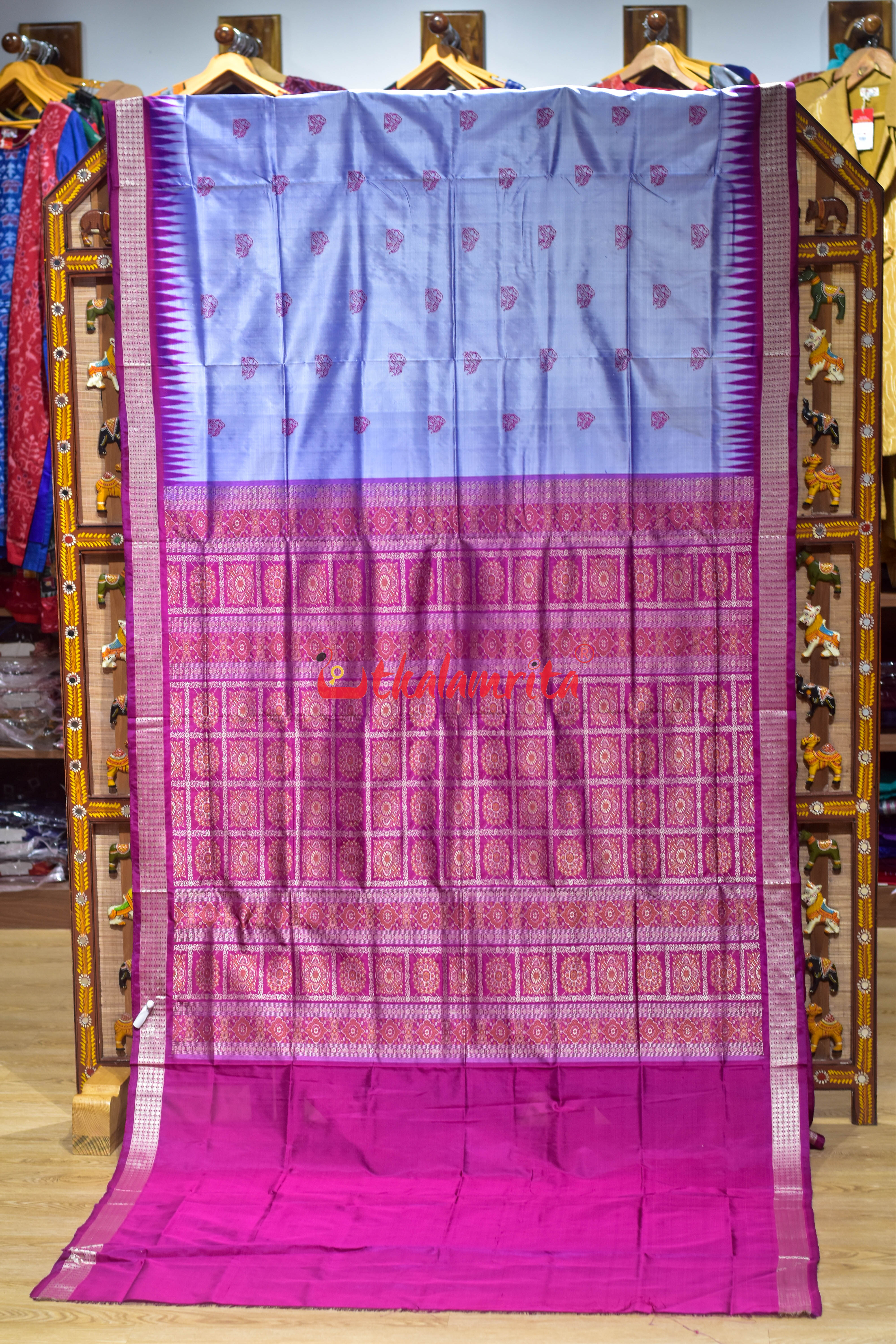 Sky Blue Elephant Bomkai Silk Saree