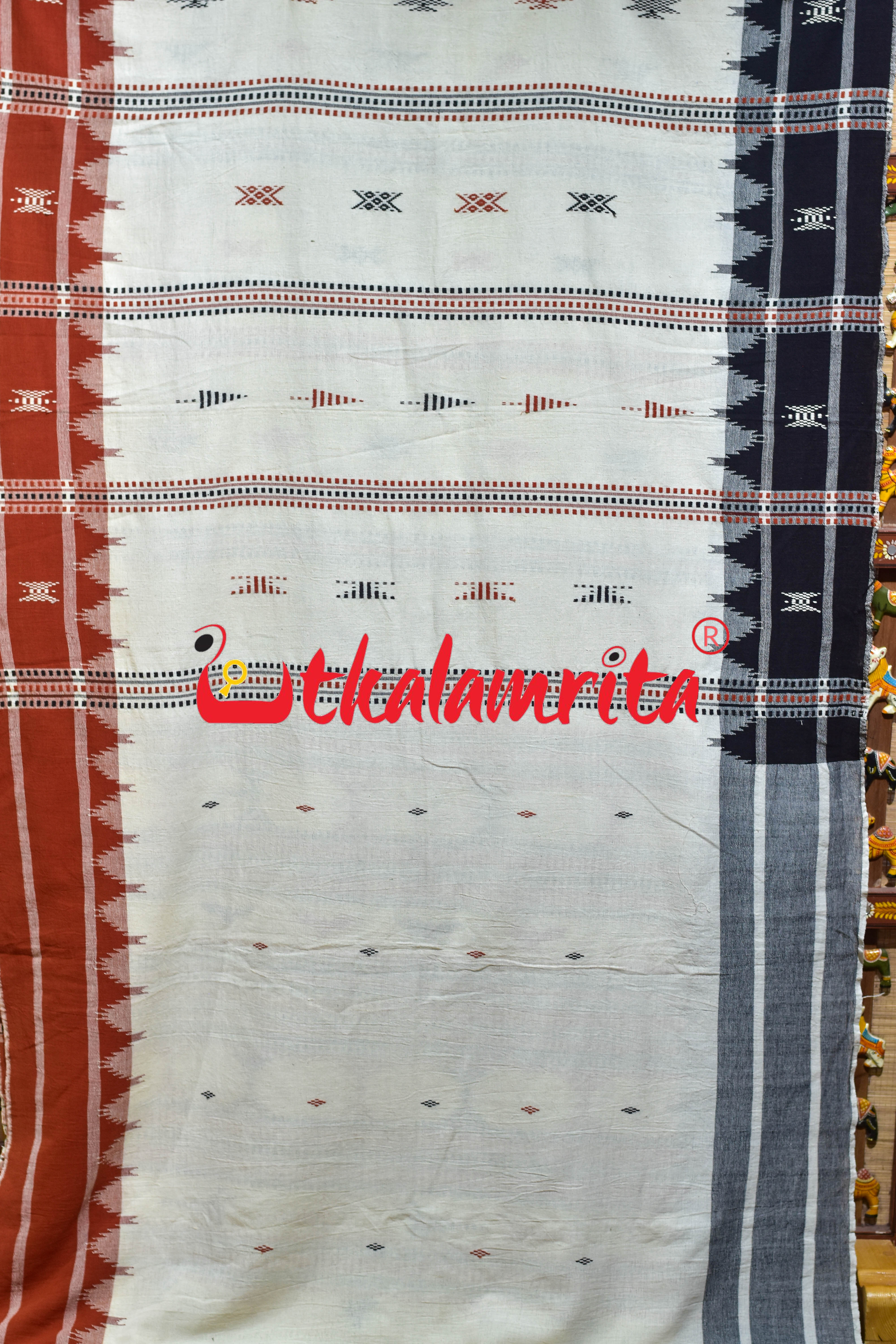 Off White Black Temple Design Kotpad Cotton Saree