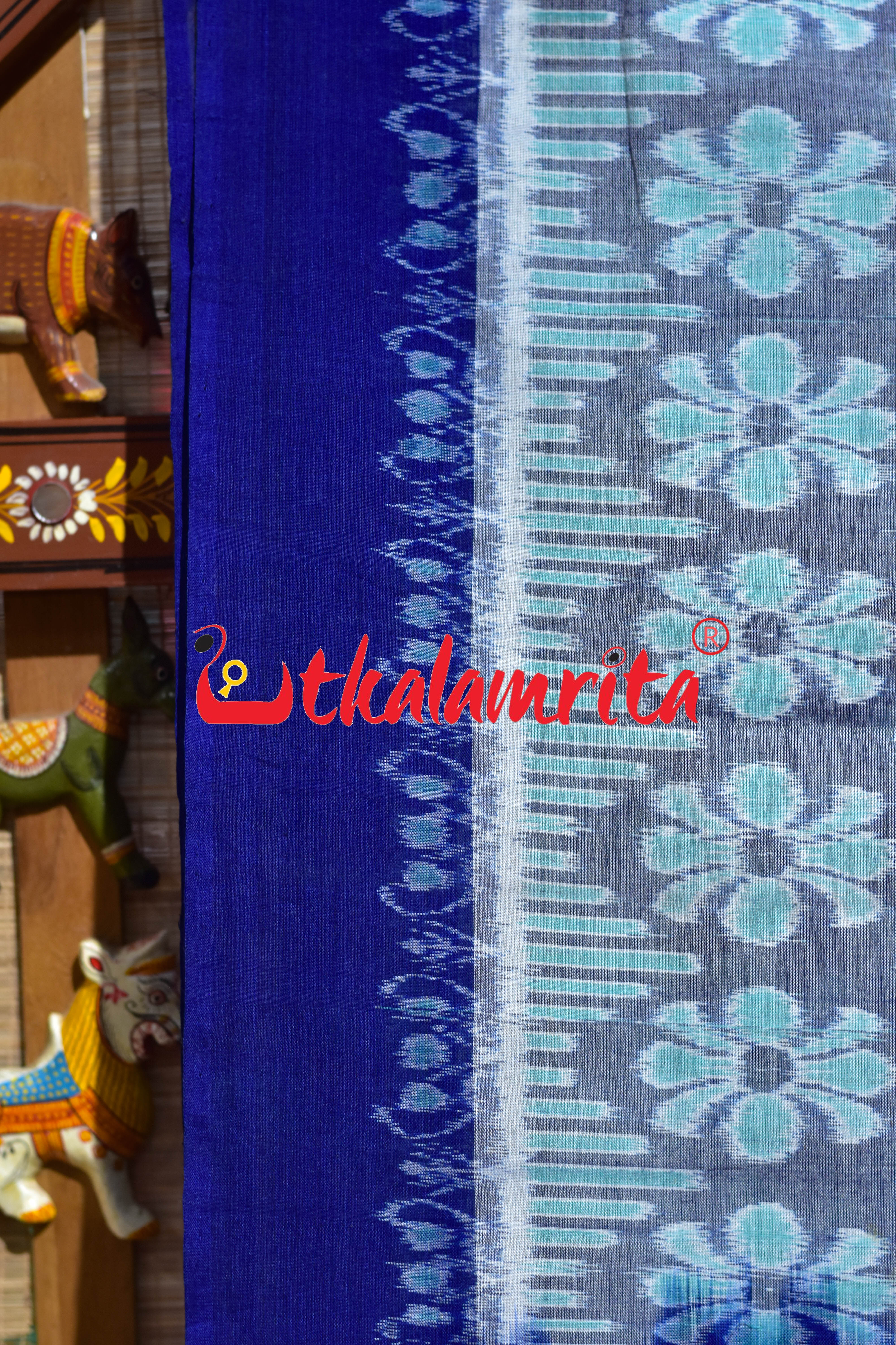 Grey Blue Flower Sambalpuri Cotton Saree