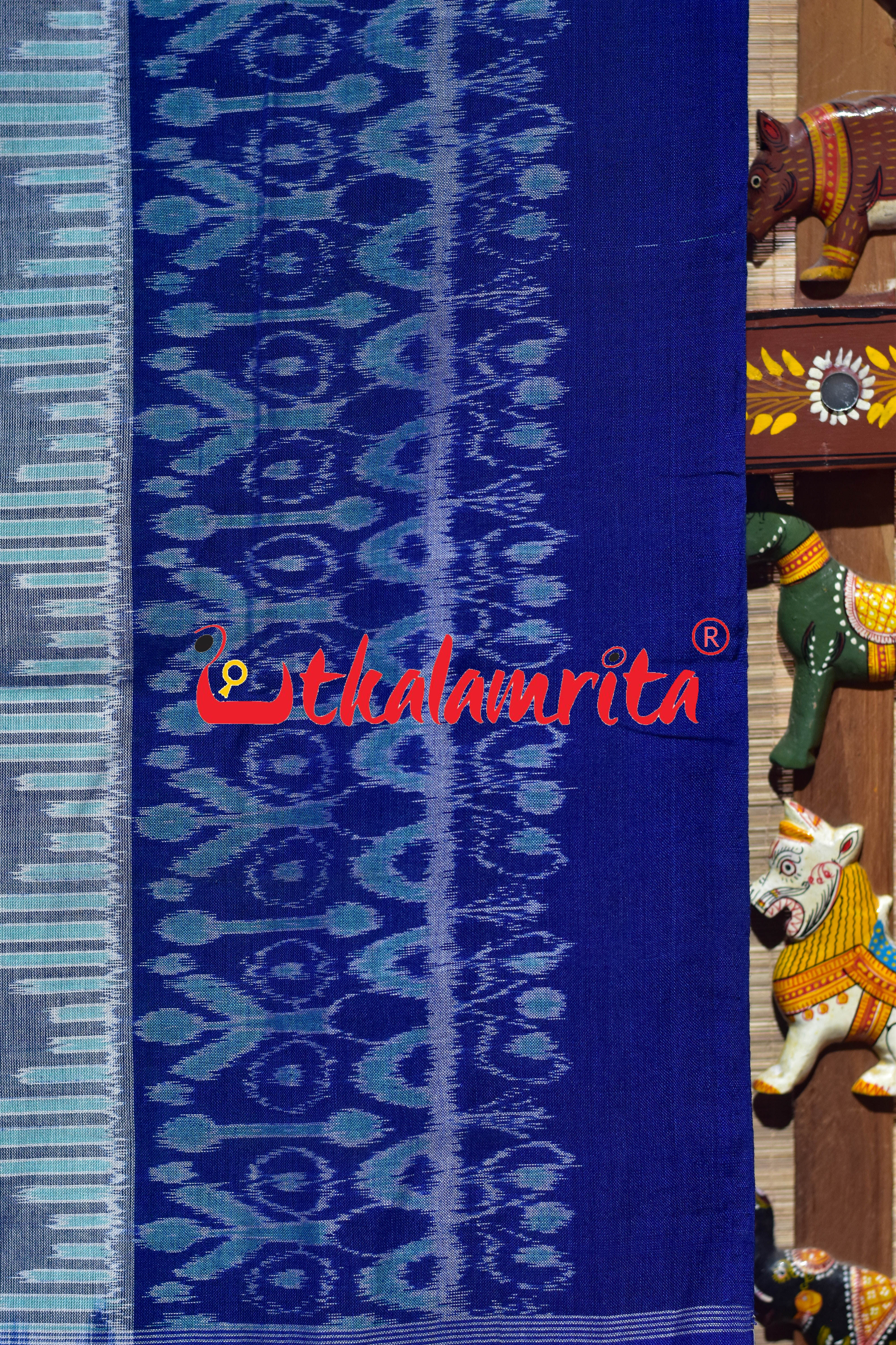 Grey Blue Flower Sambalpuri Cotton Saree