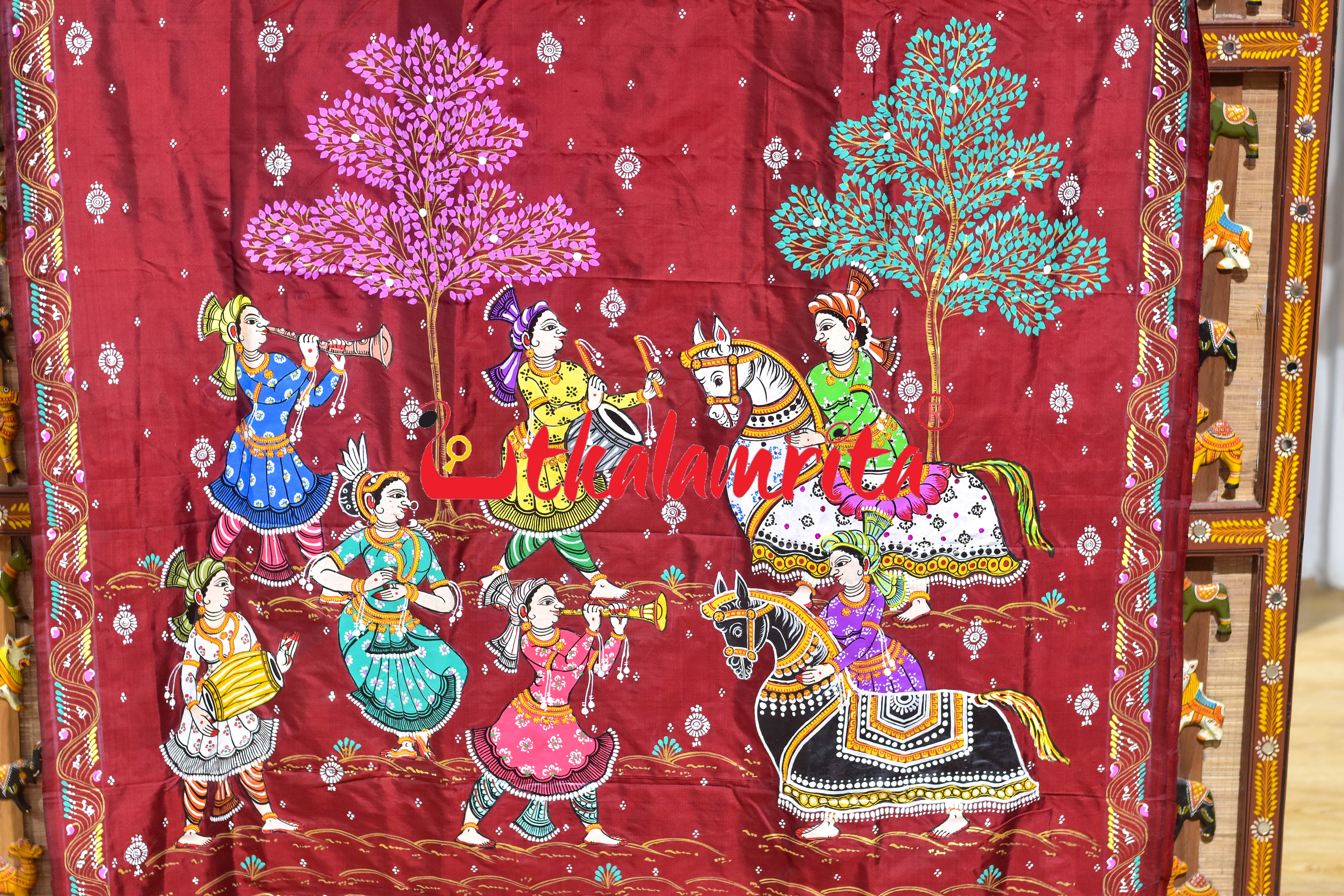 Maroon Double Ghoda Nacha Pattachitra Silk Saree