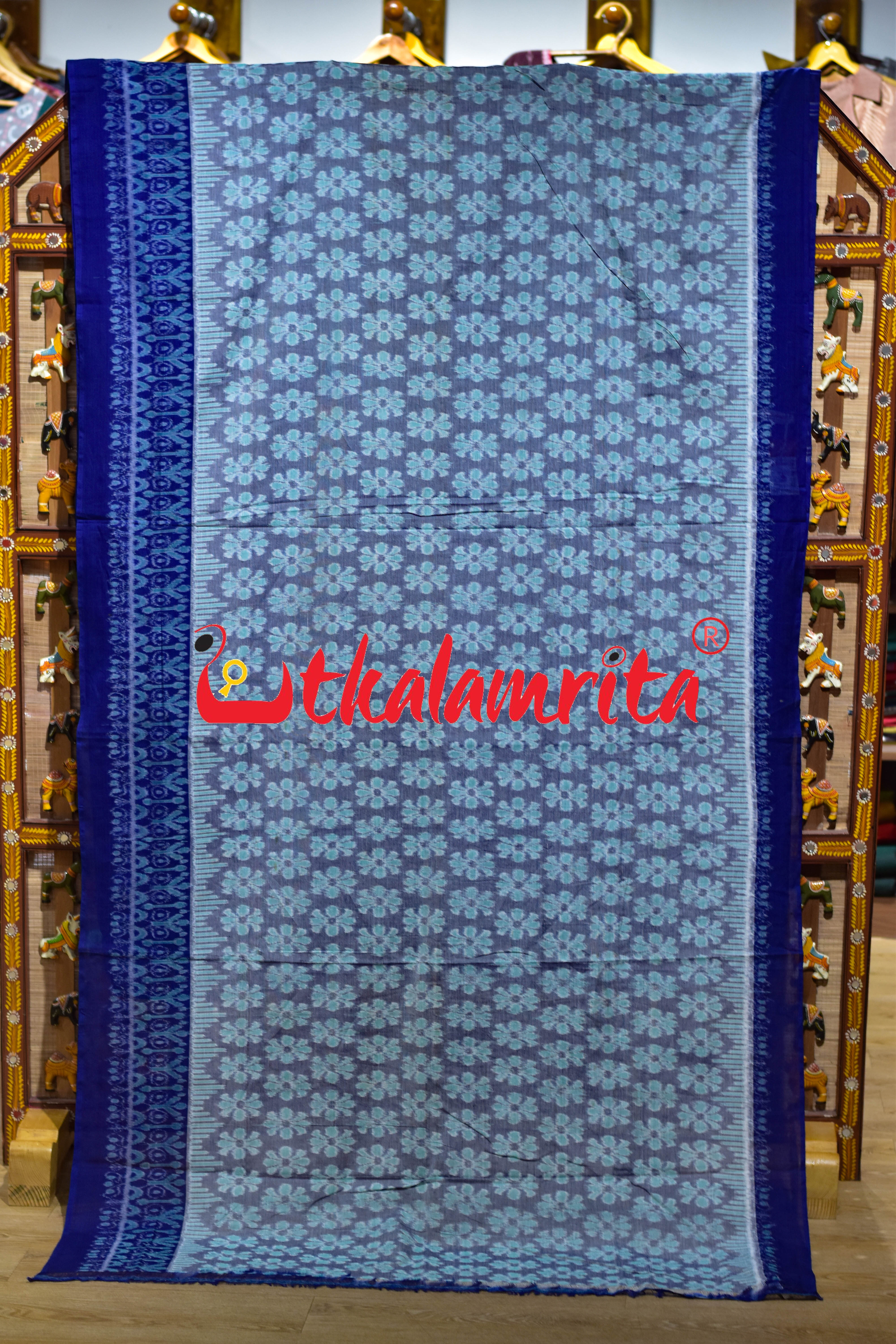 Grey Blue Flower Sambalpuri Cotton Saree