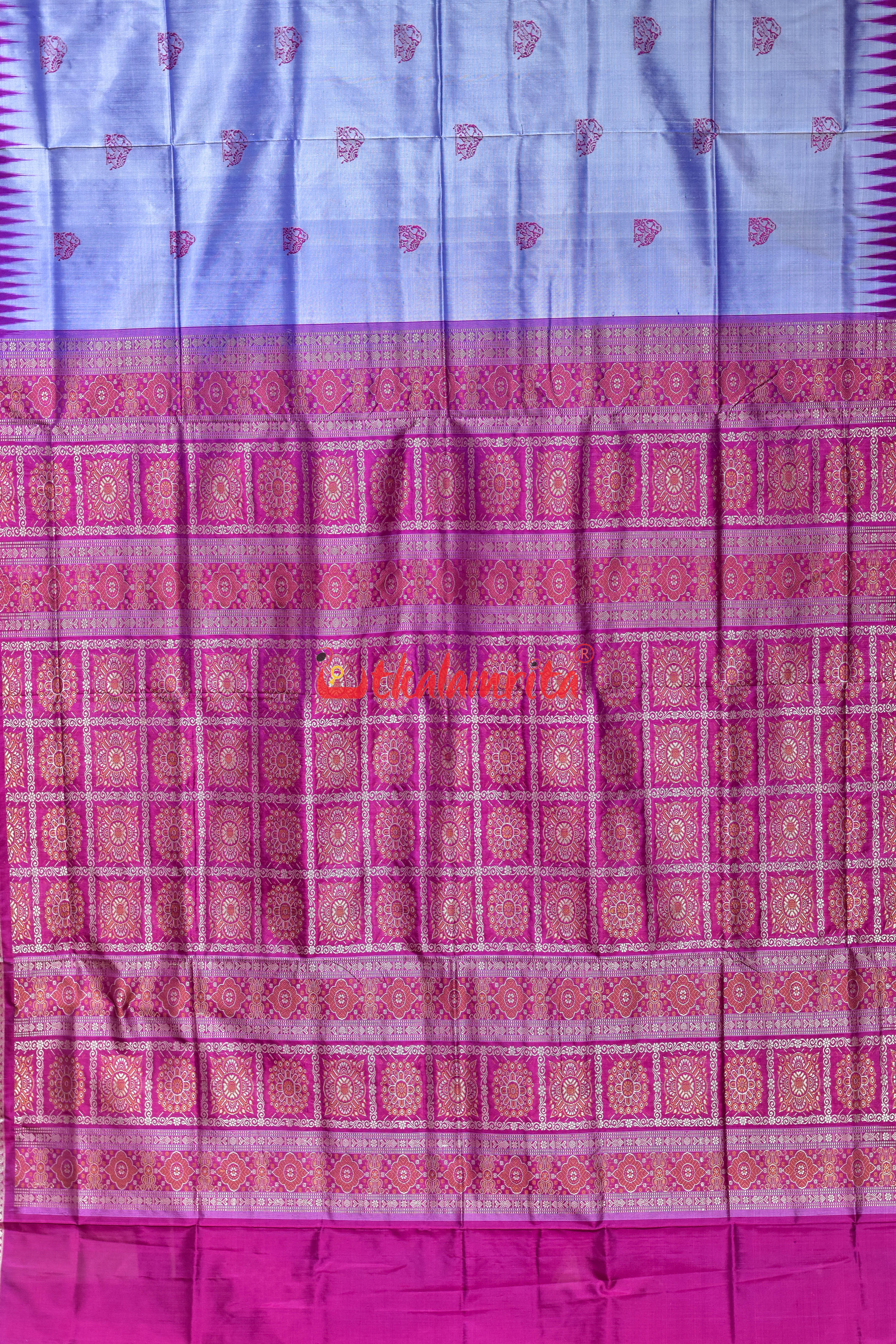 Sky Blue Elephant Bomkai Silk Saree