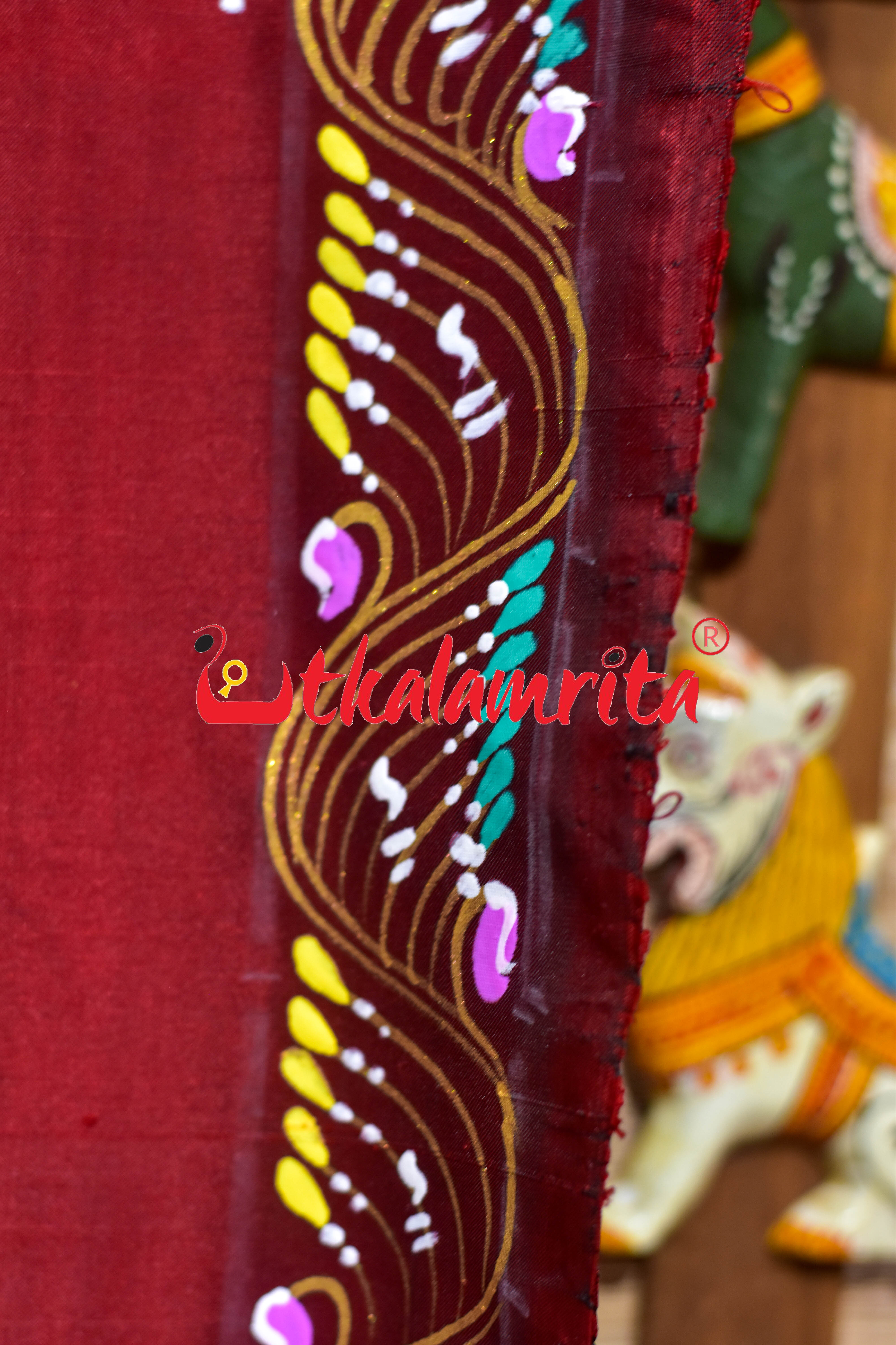Maroon Double Ghoda Nacha Pattachitra Silk Saree