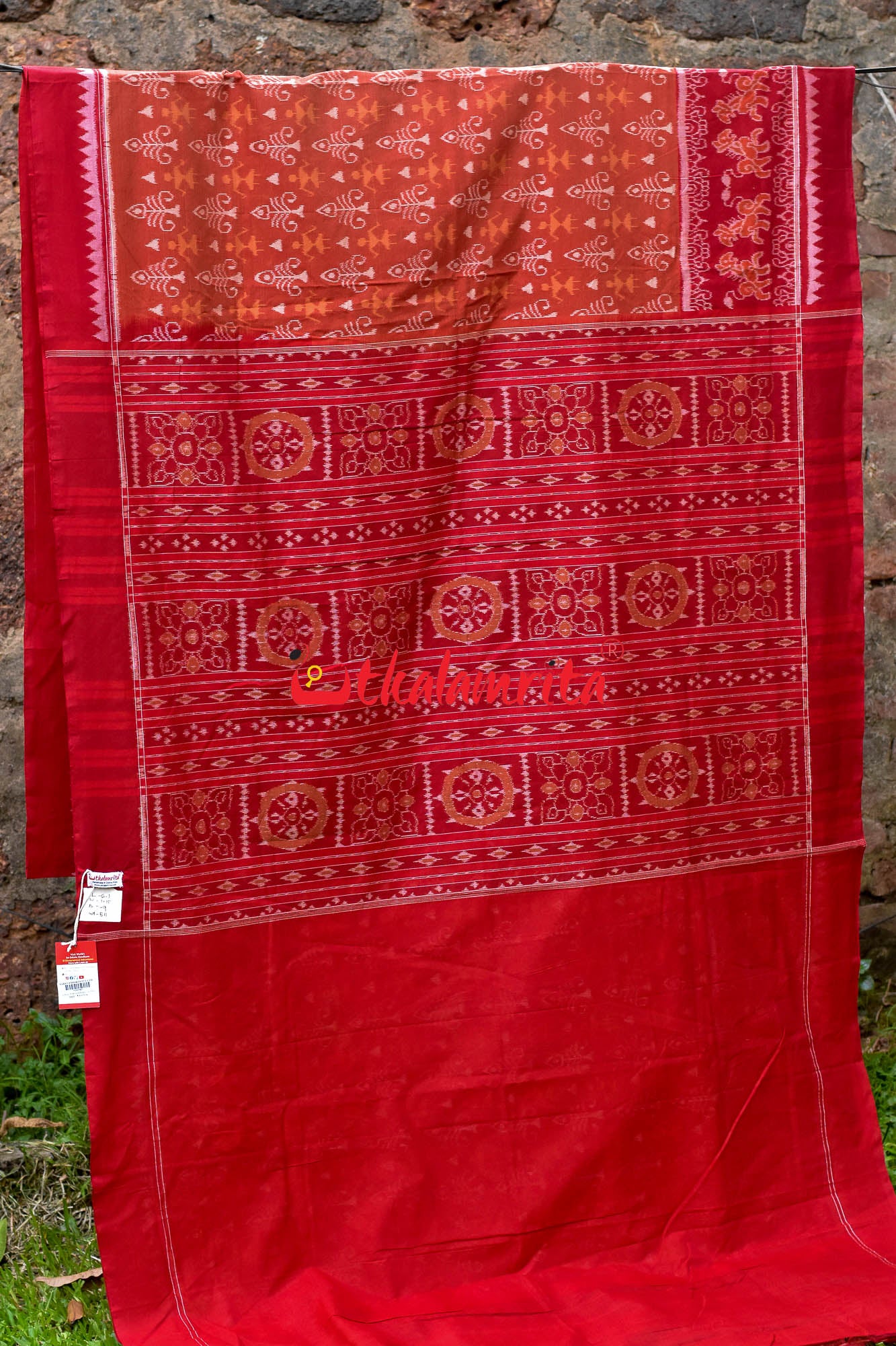 Lion Border Brown Red Sambalpuri Cotton Saree