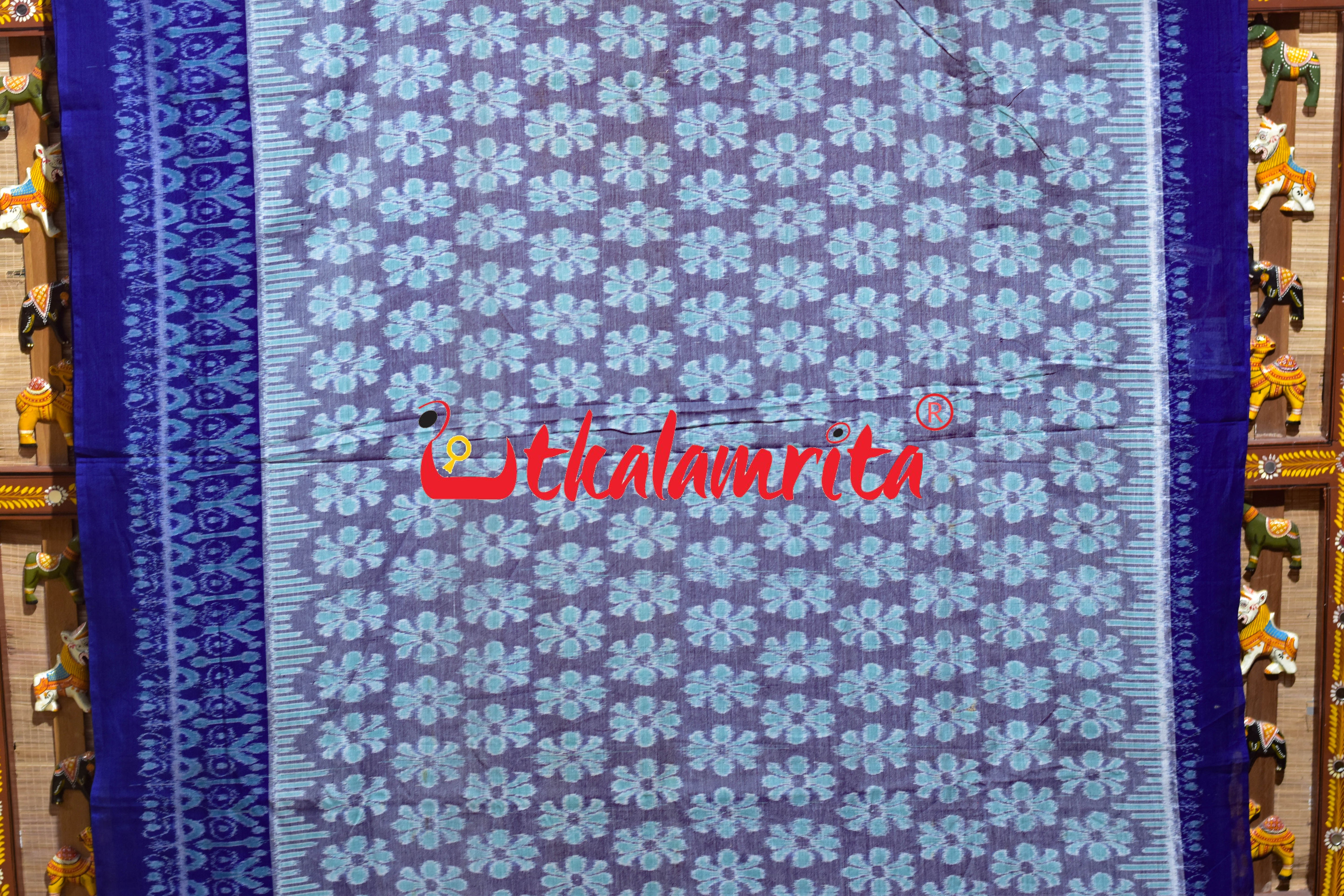 Grey Blue Flower Sambalpuri Cotton Saree