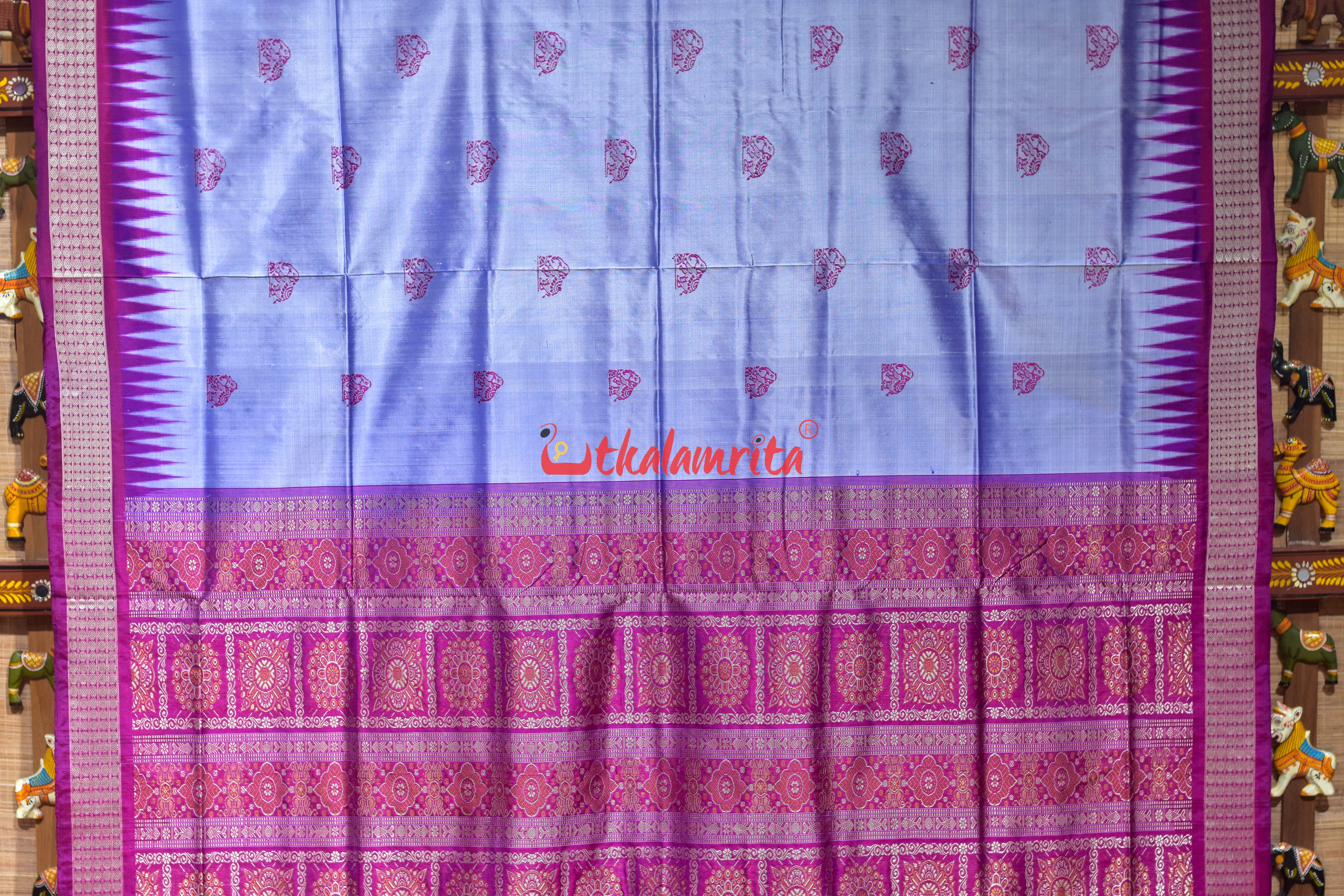 Sky Blue Elephant Bomkai Silk Saree