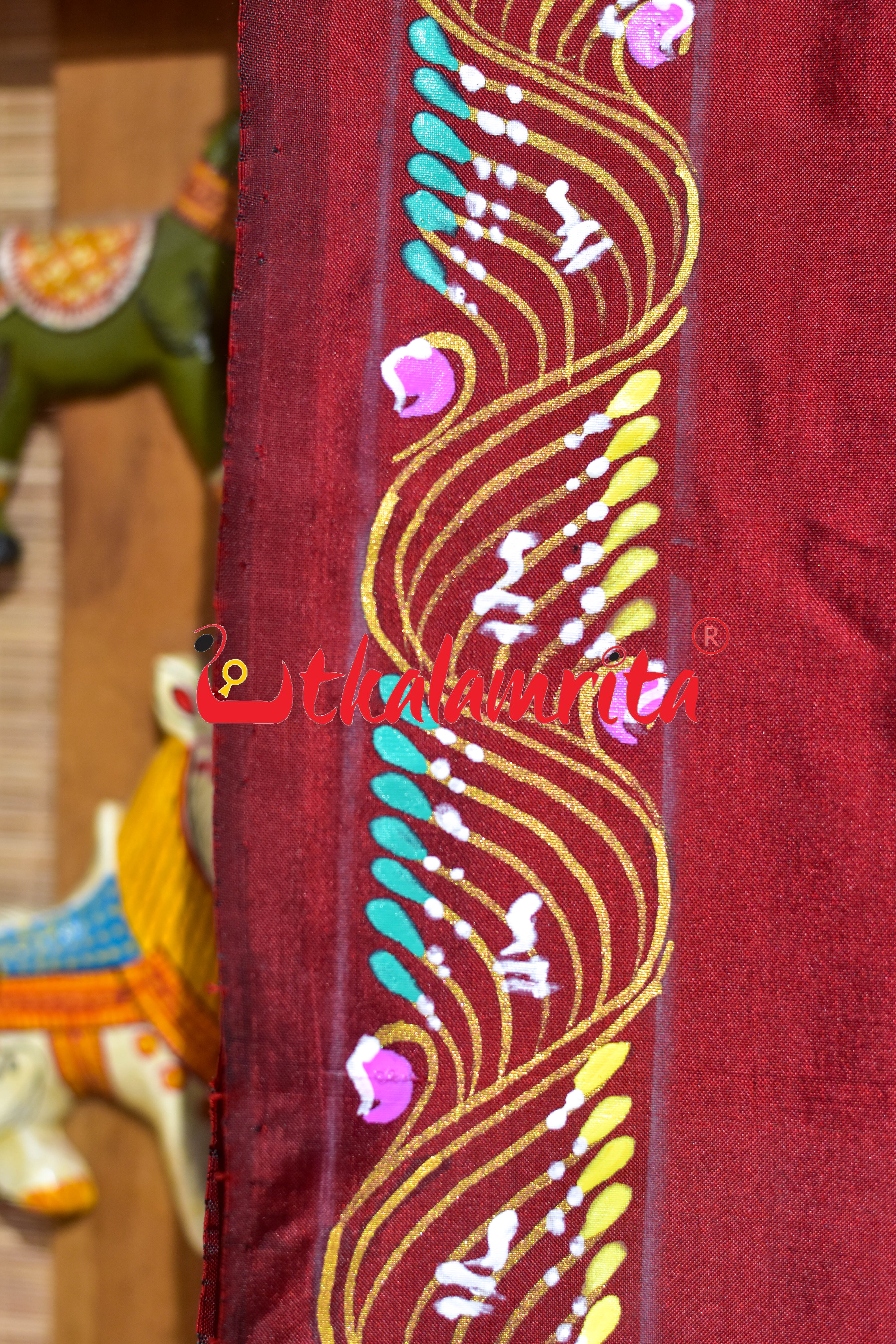 Maroon Double Ghoda Nacha Pattachitra Silk Saree
