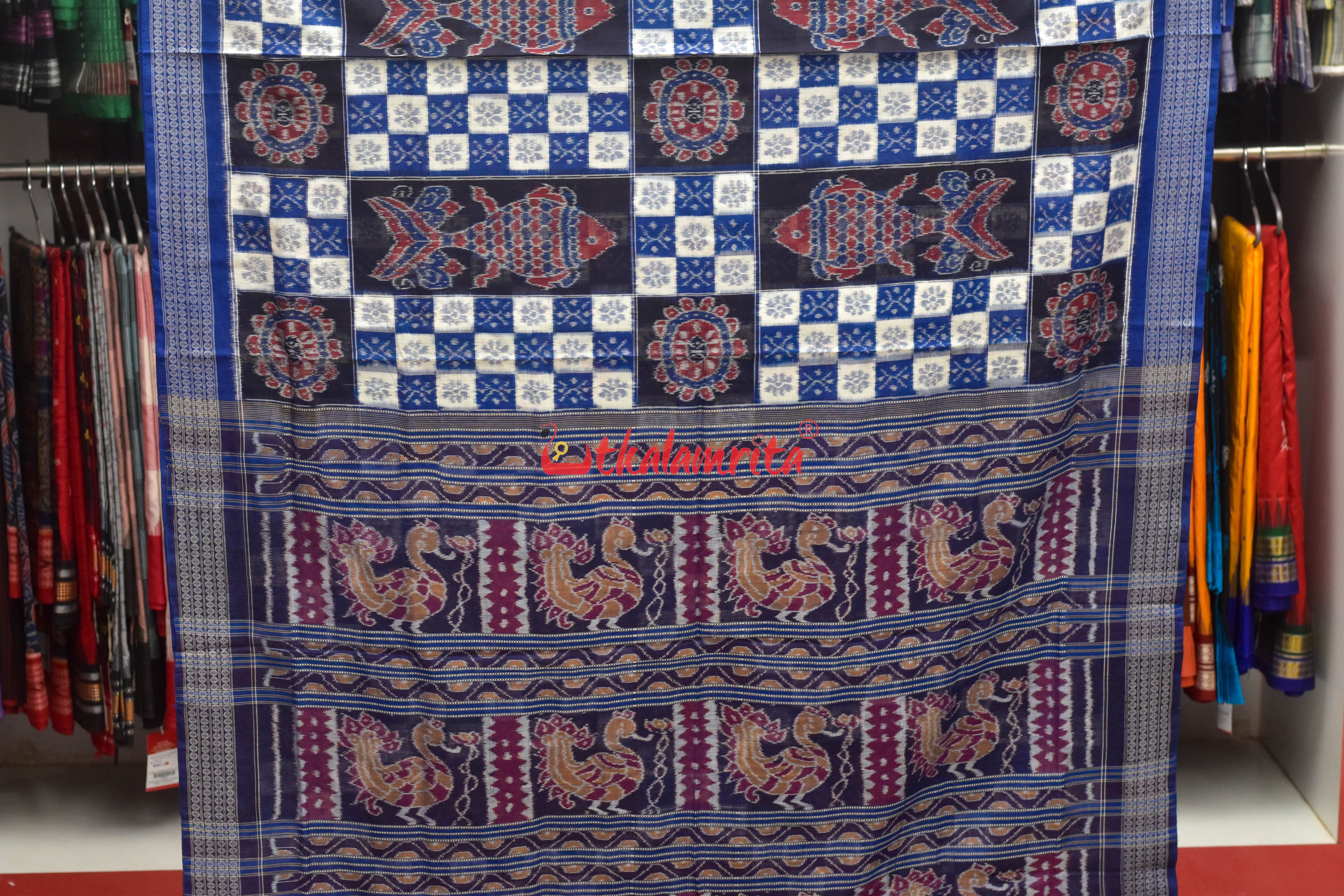 Blue White Fish Sambalpuri Cotton Saree