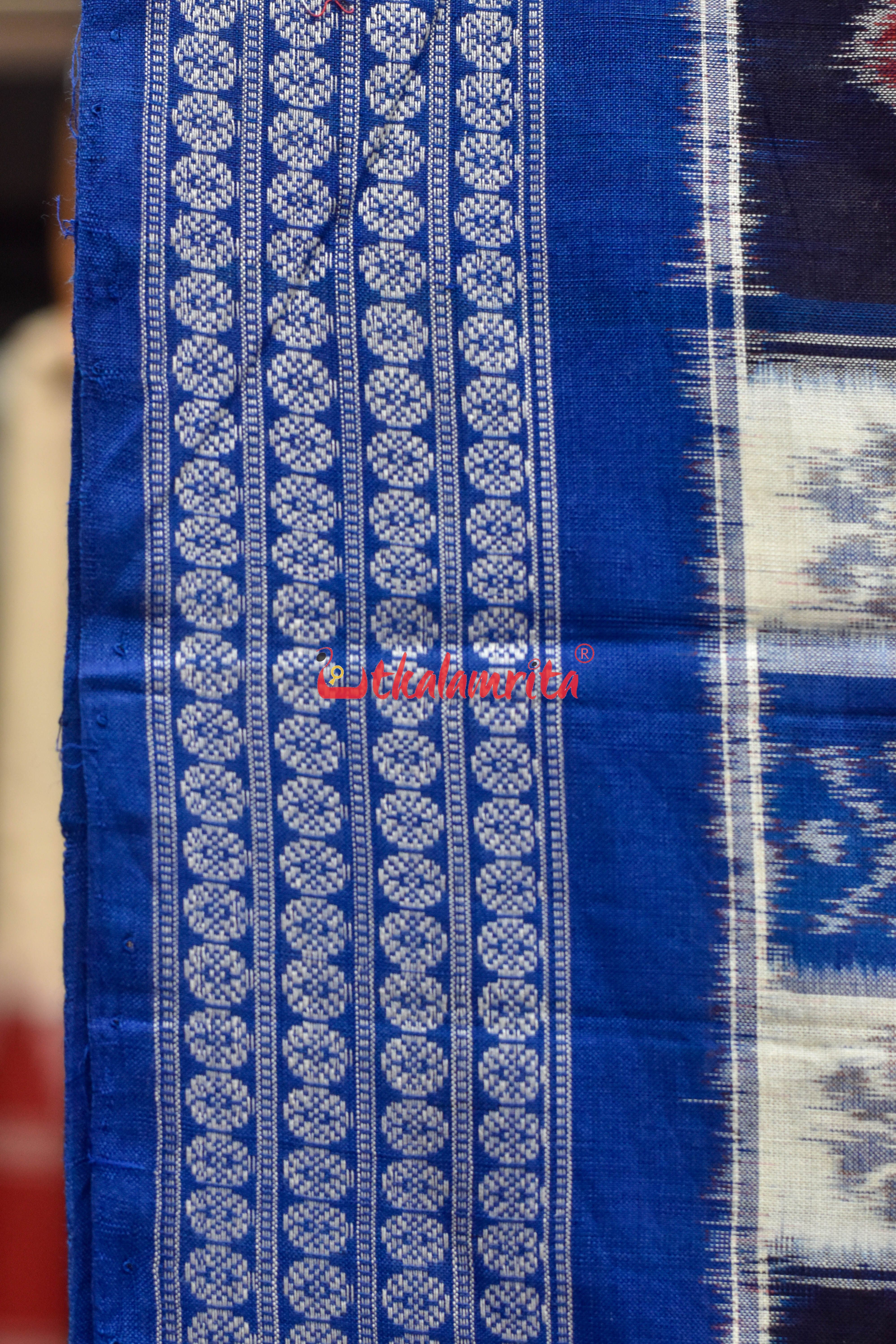 Blue White Fish Sambalpuri Cotton Saree