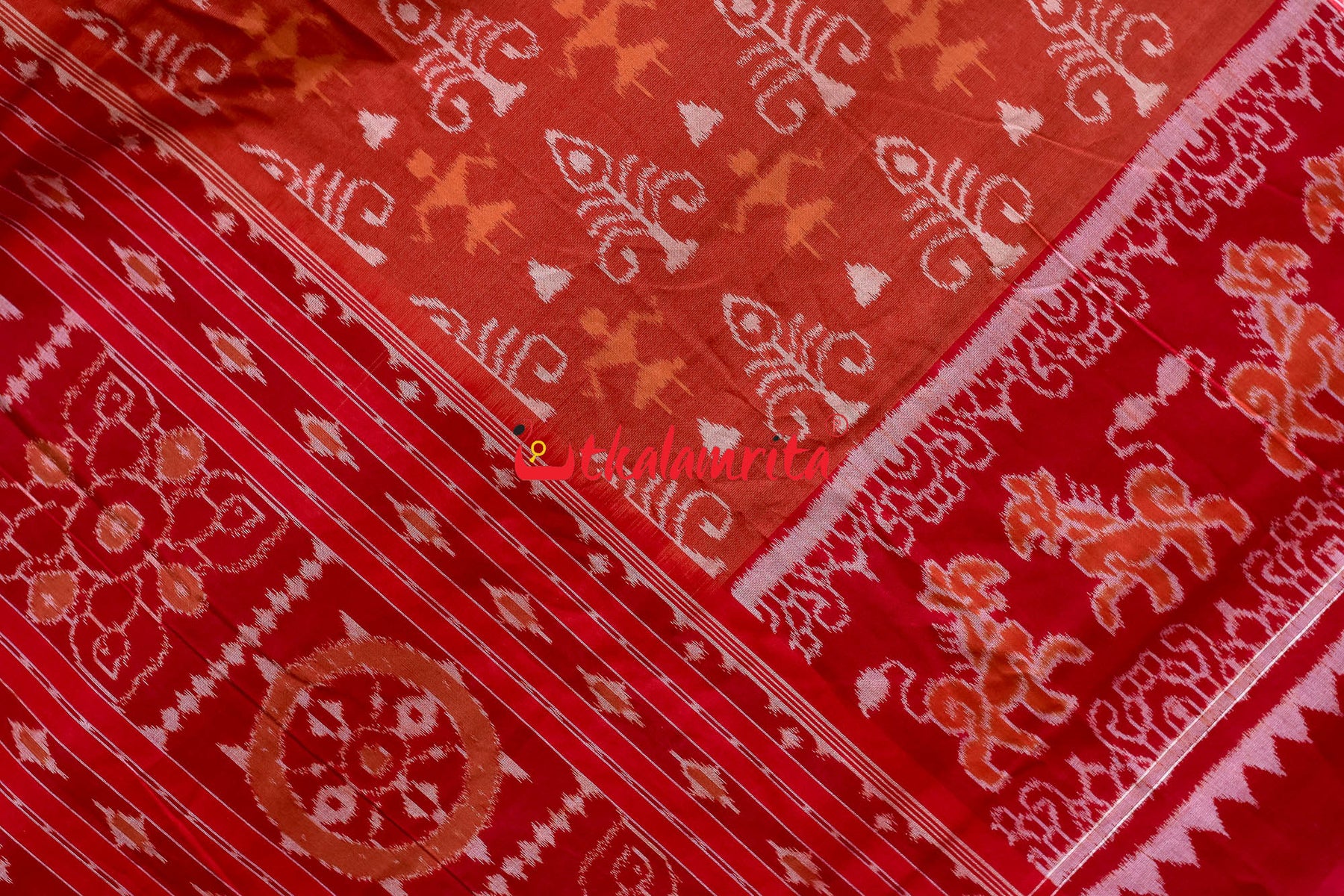 Lion Border Brown Red Sambalpuri Cotton Saree