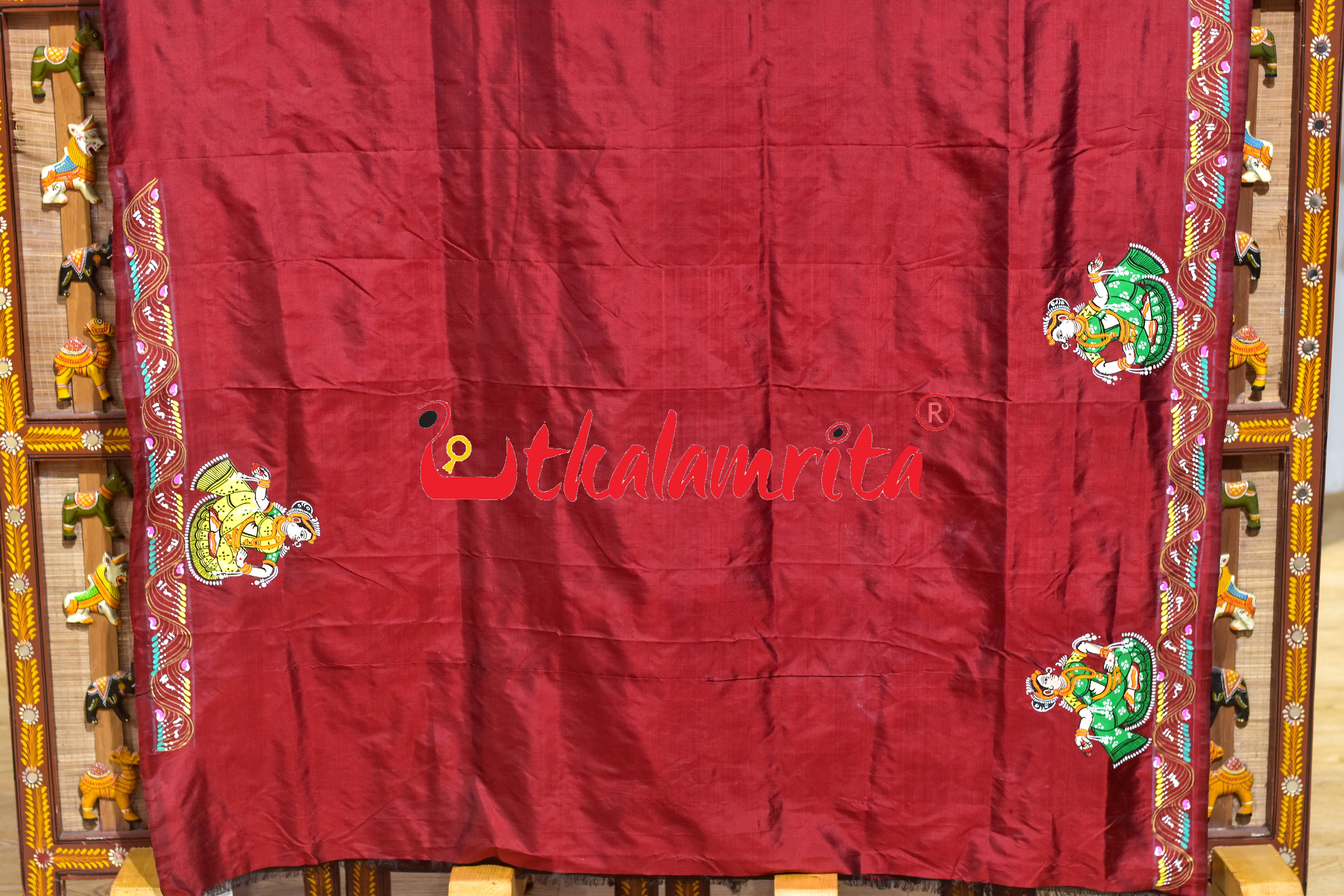 Maroon Double Ghoda Nacha Pattachitra Silk Saree