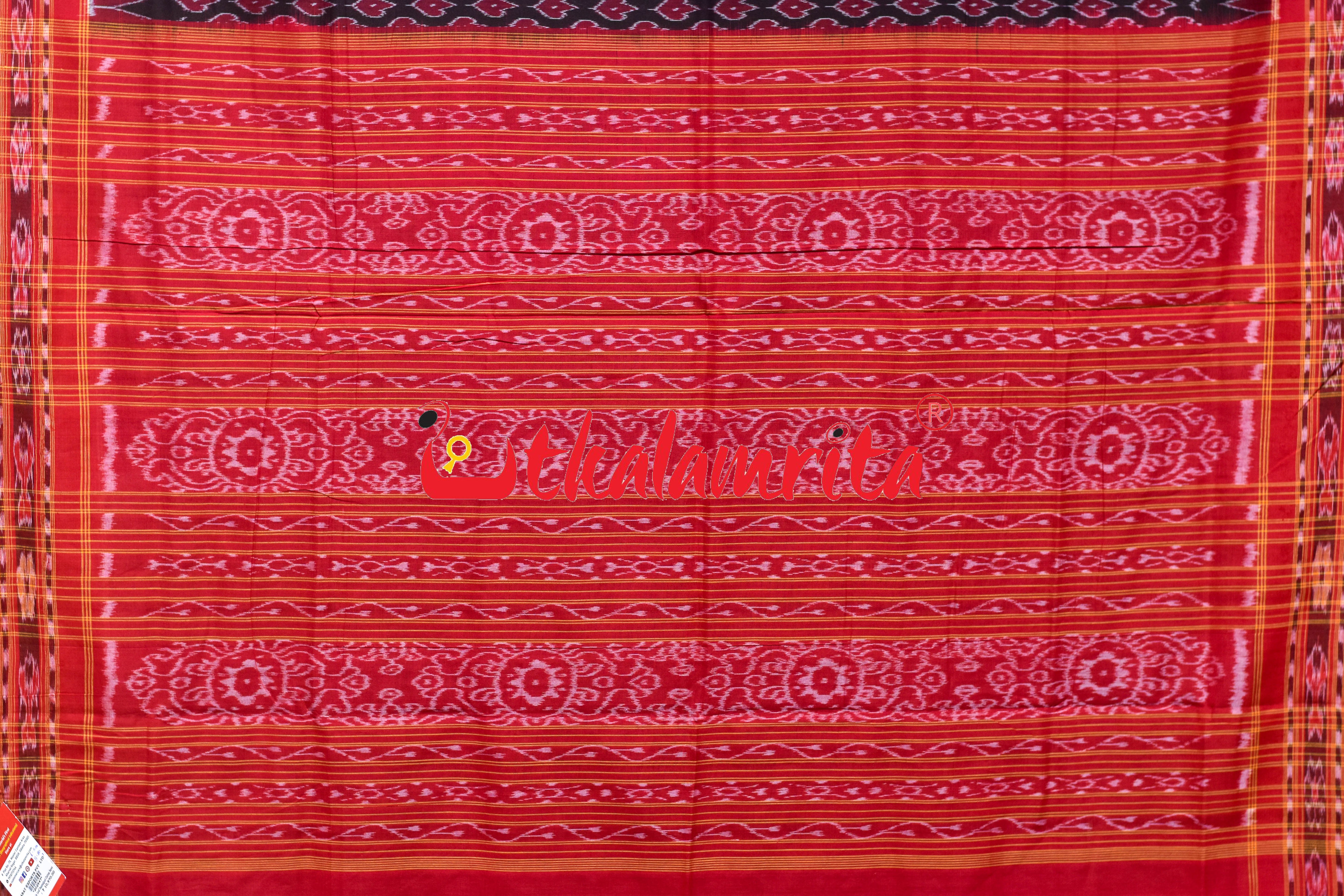 Black Red Maple Leaf Sambalpuri Cotton Saree