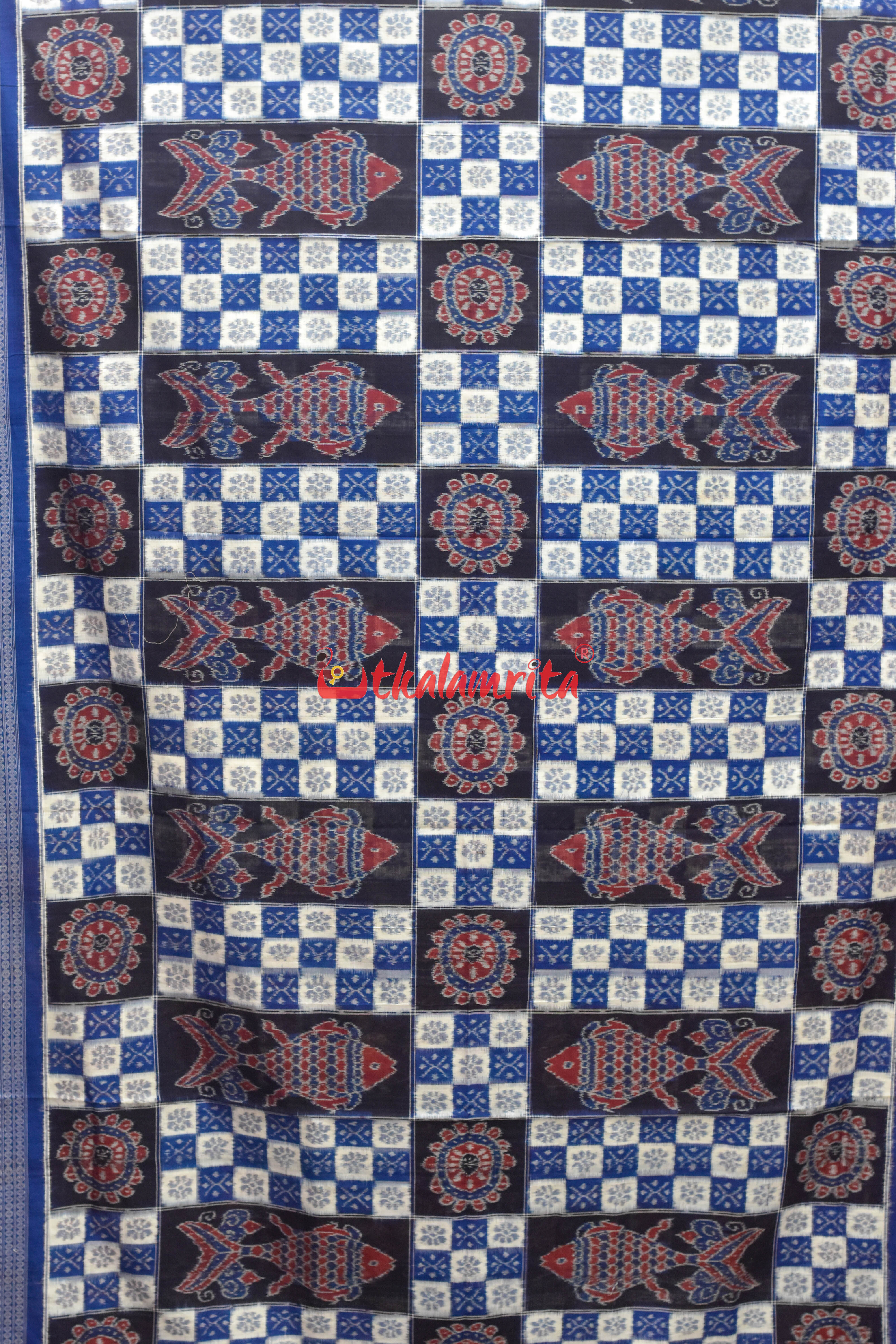 Blue White Fish Sambalpuri Cotton Saree