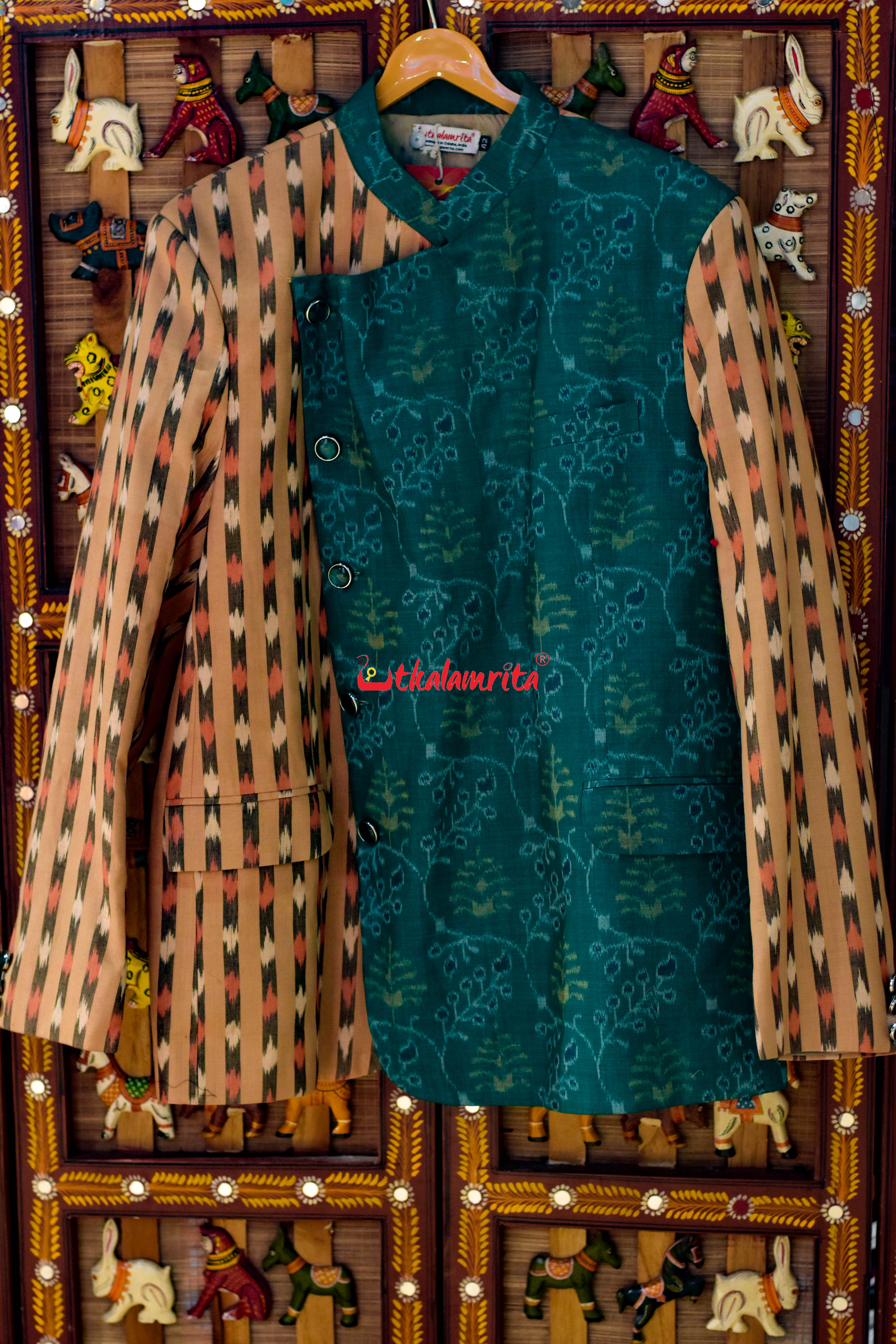 Green Lata Patra with Matha Dots Designer Asymmetric (Men's Blazer)