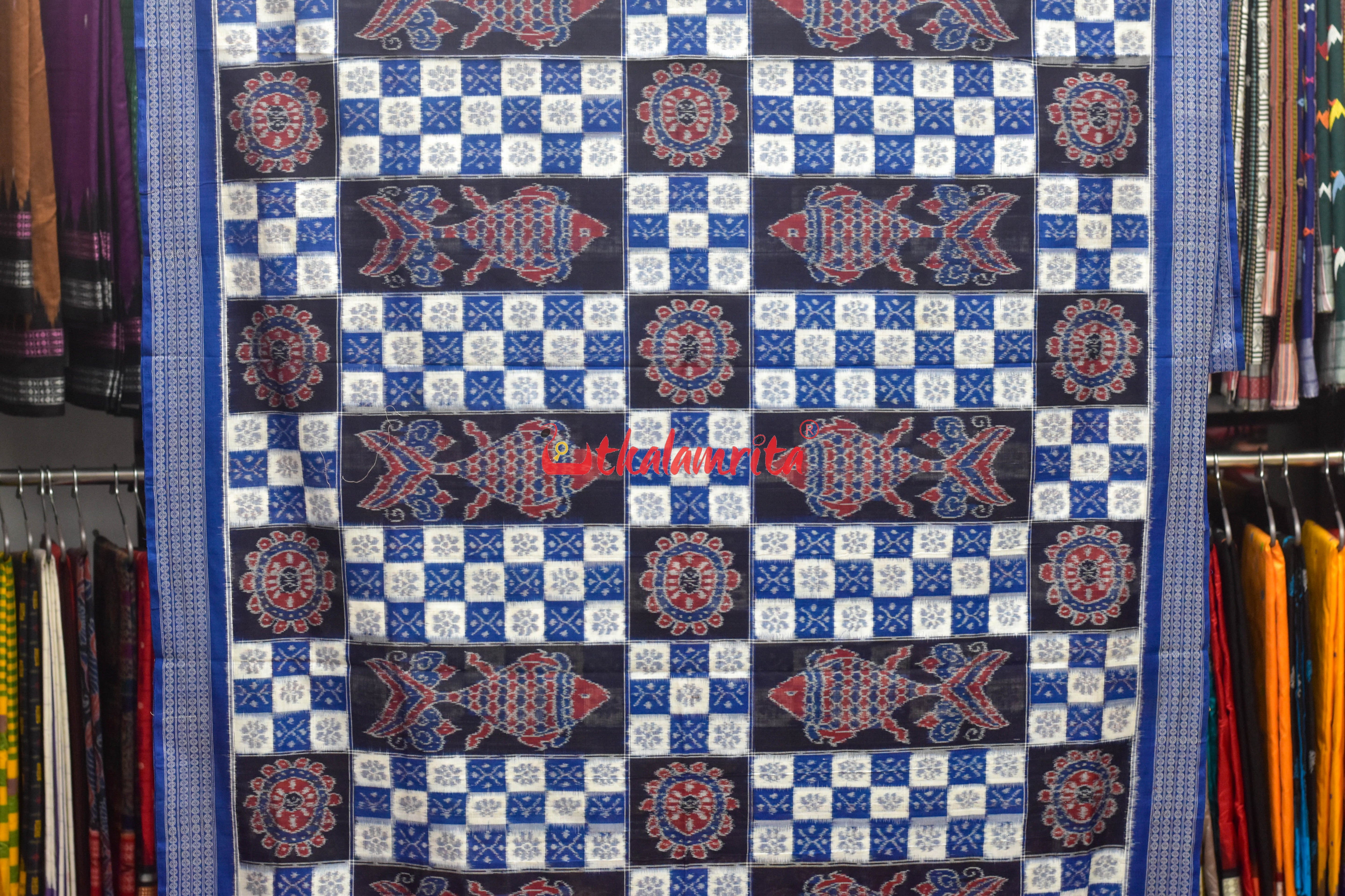 Blue White Fish Sambalpuri Cotton Saree