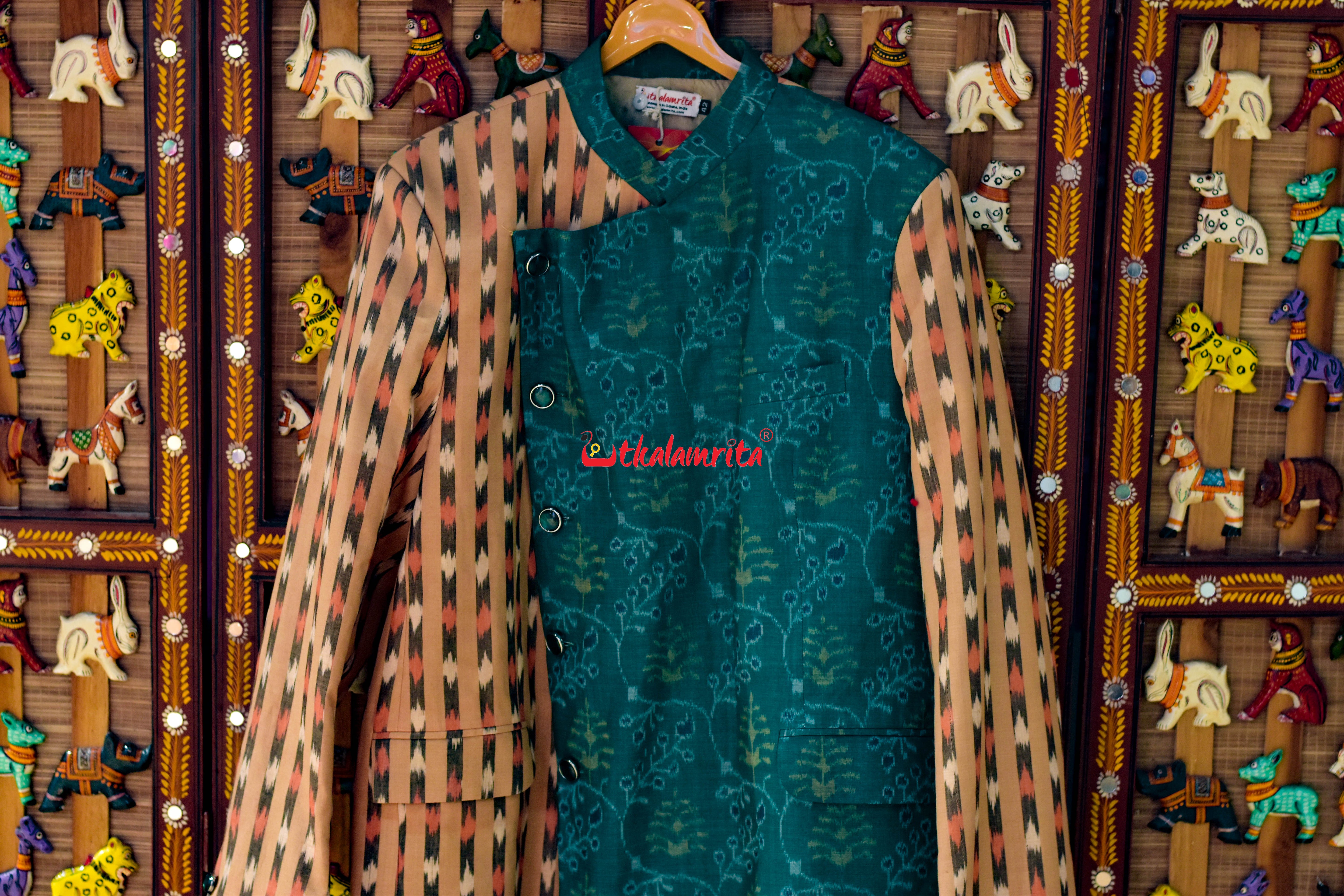 Green Lata Patra with Matha Dots Designer Asymmetric (Men's Blazer)