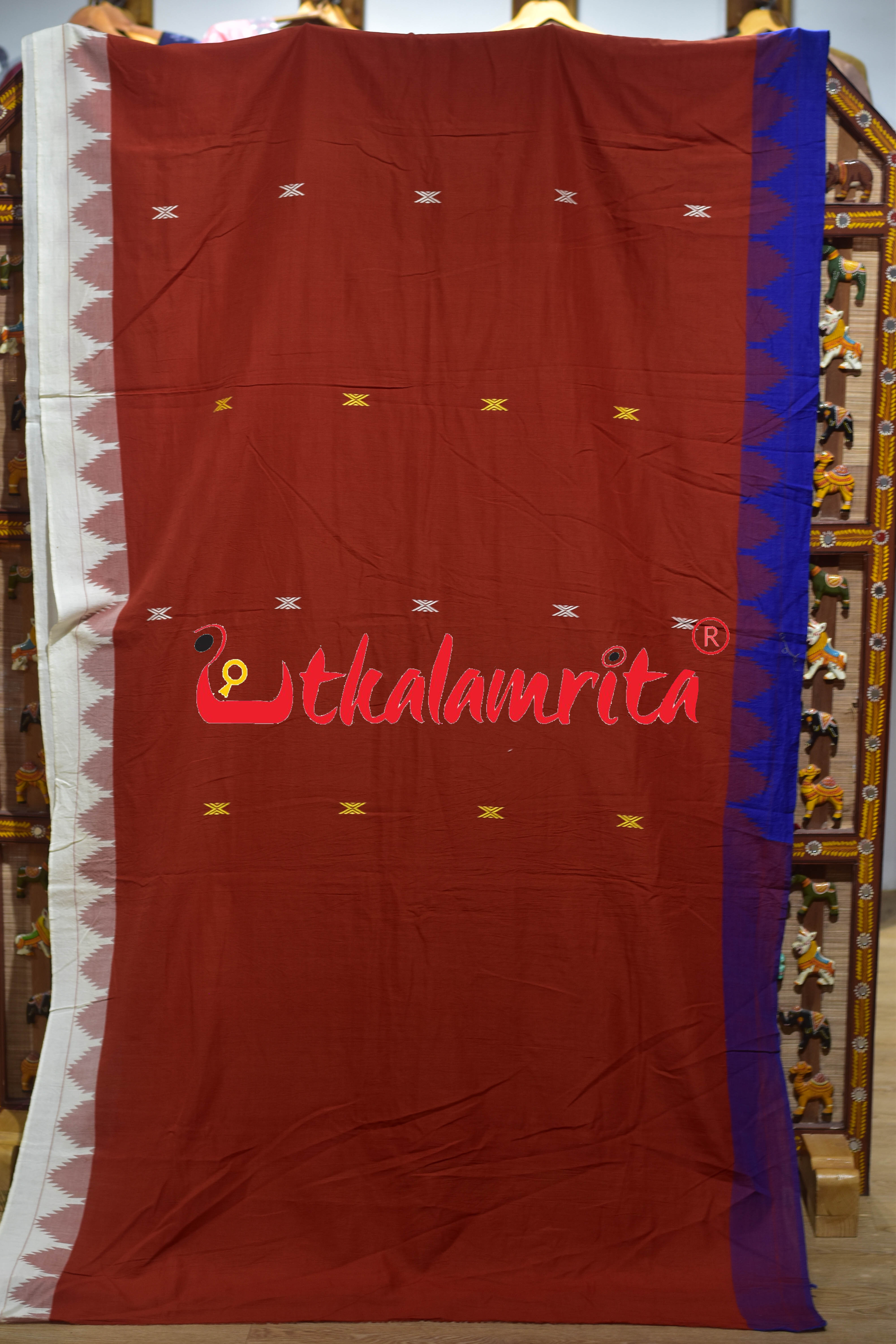 Rust Blue White Temple Border Tussar Kotpad Saree