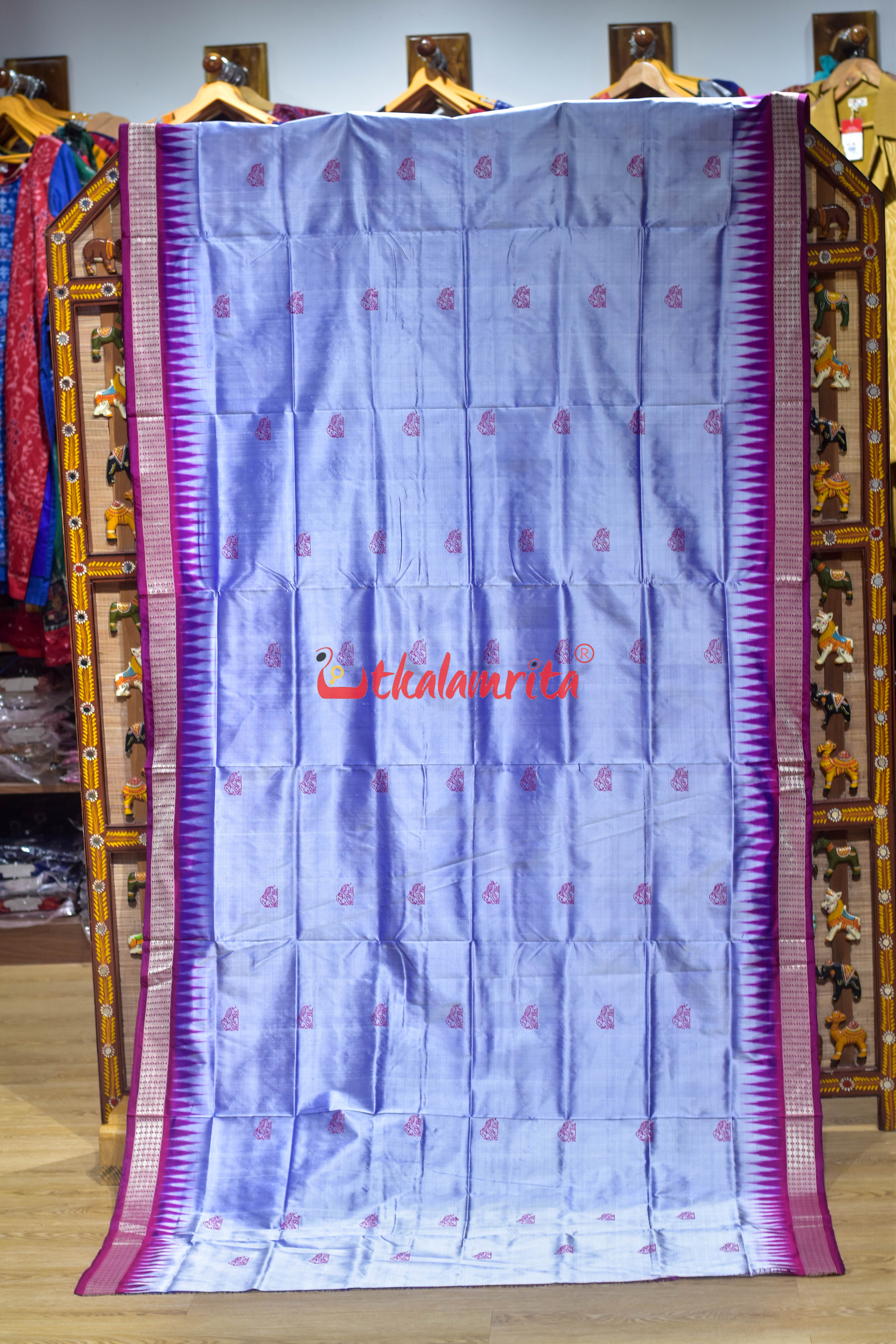 Sky Blue Elephant Bomkai Silk Saree