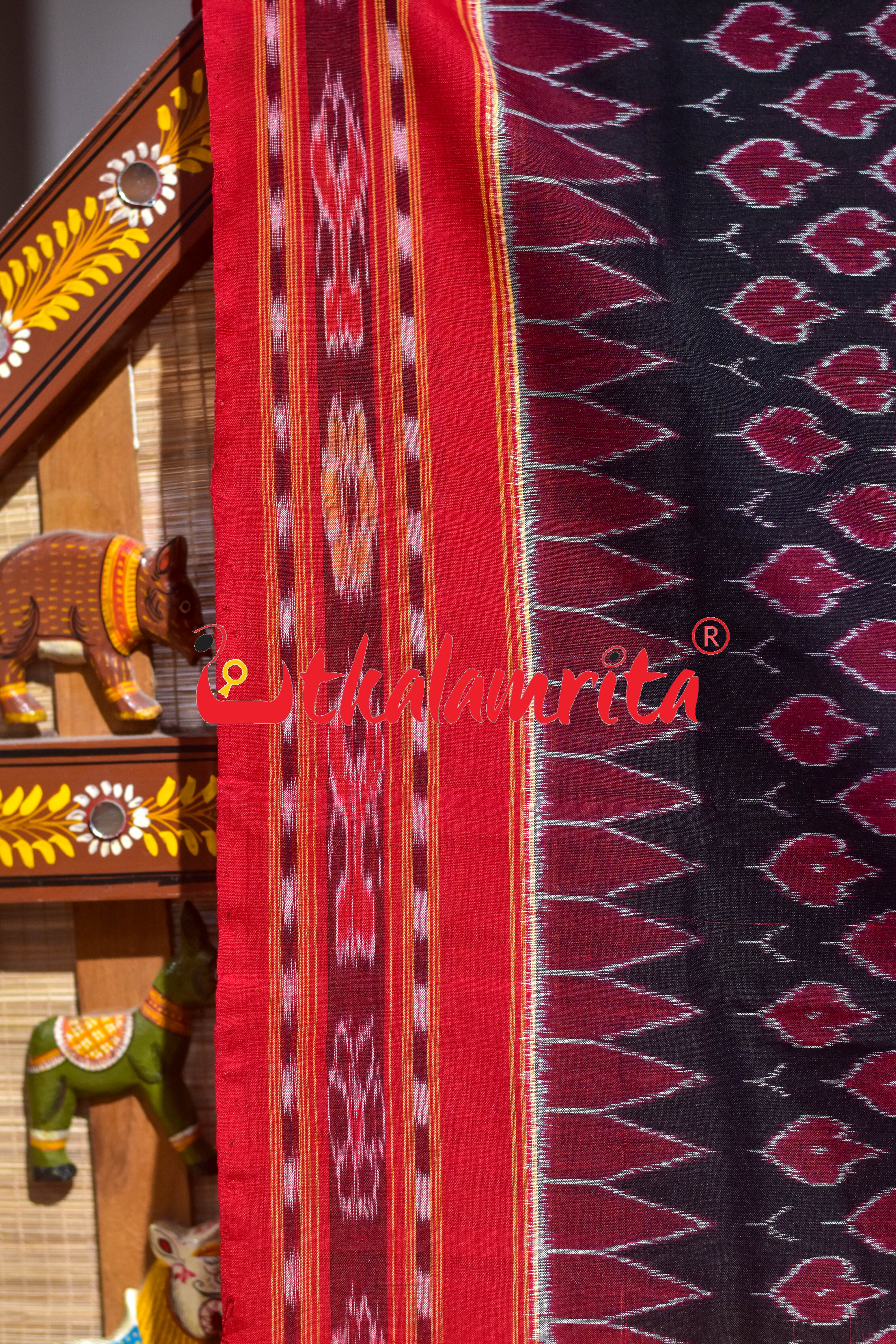 Black Red Maple Leaf Sambalpuri Cotton Saree