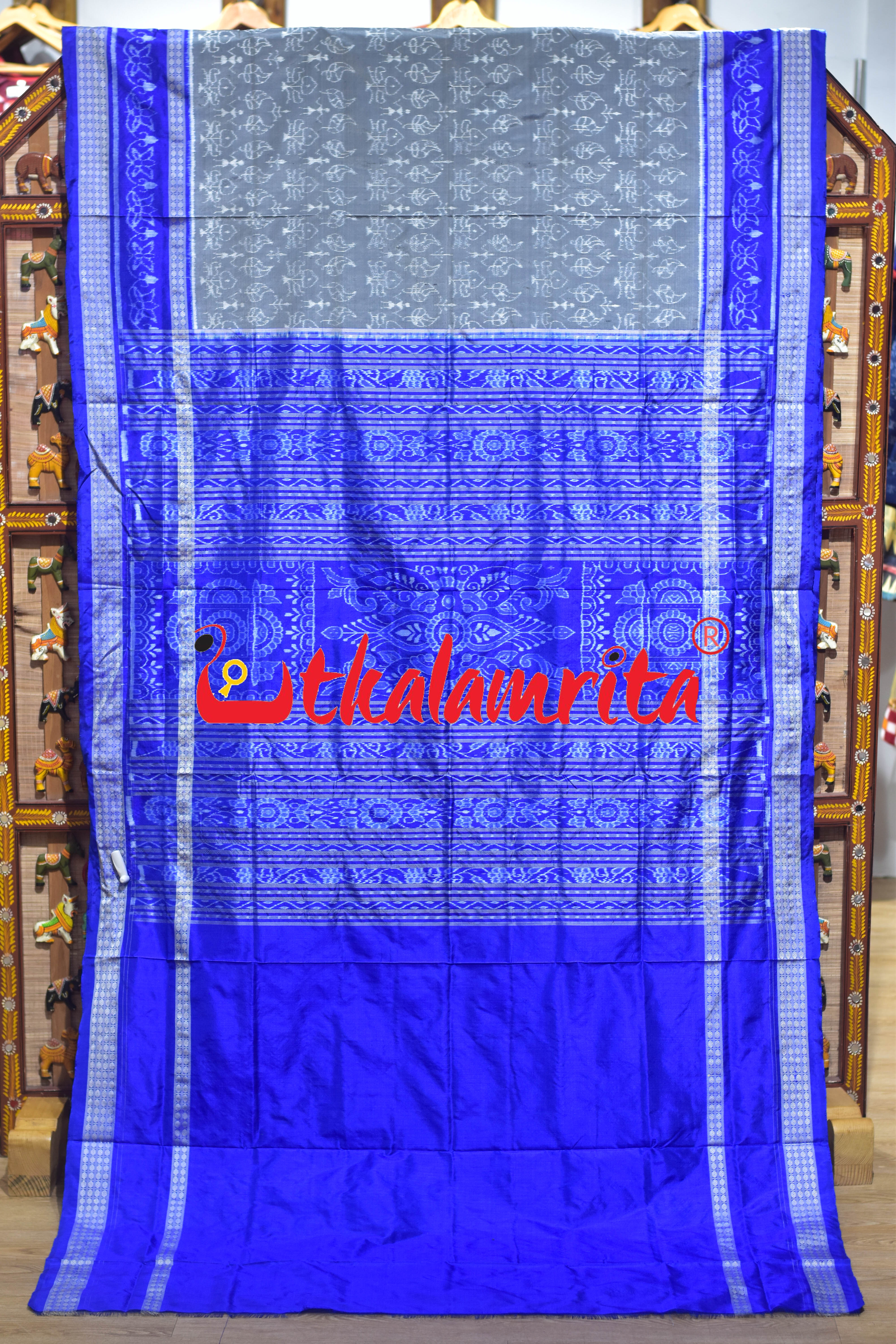 Grey Blue Leaf Lotus Sambalpuri Silk Saree