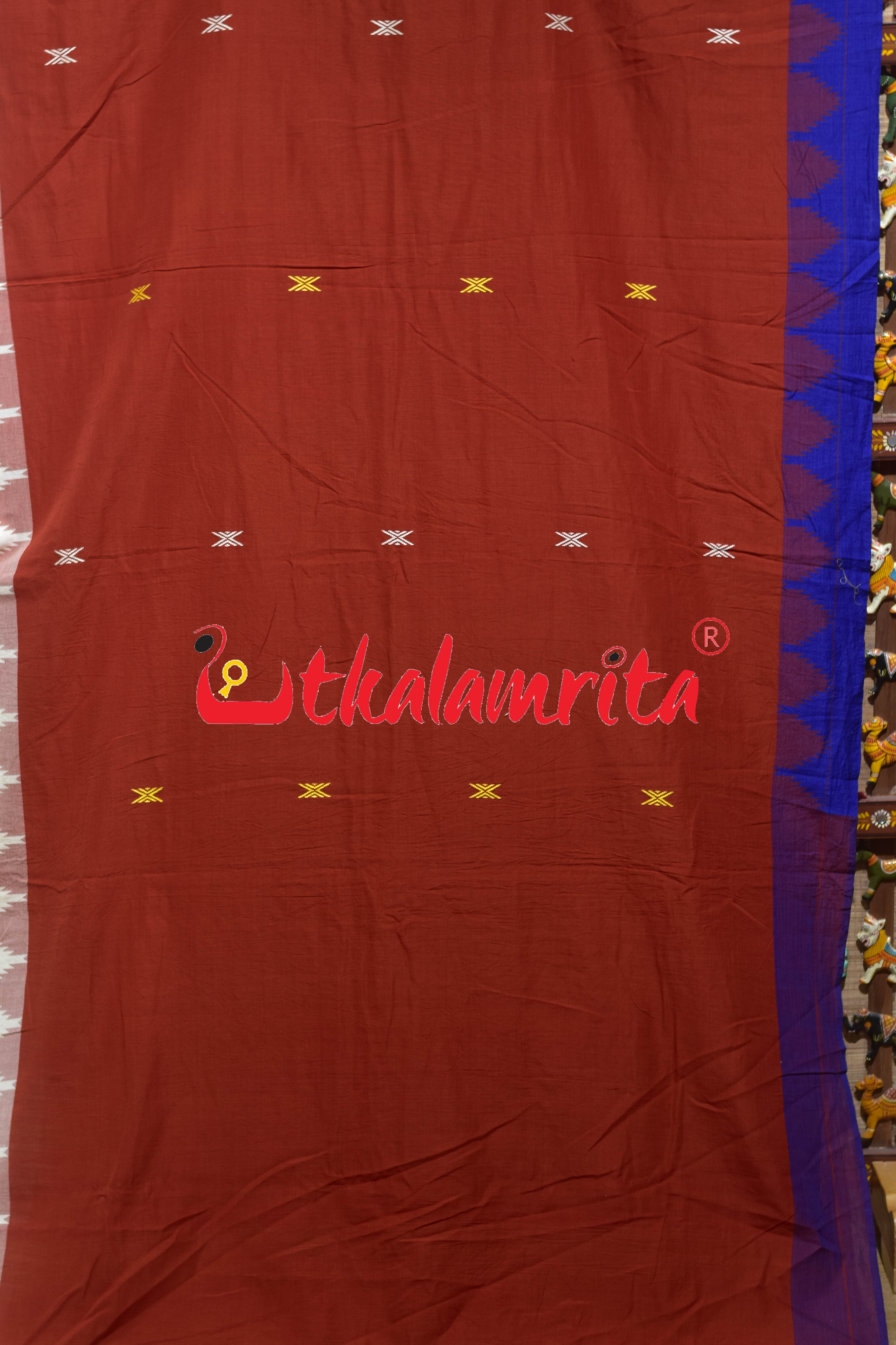 Rust Blue White Temple Border Tussar Kotpad Saree