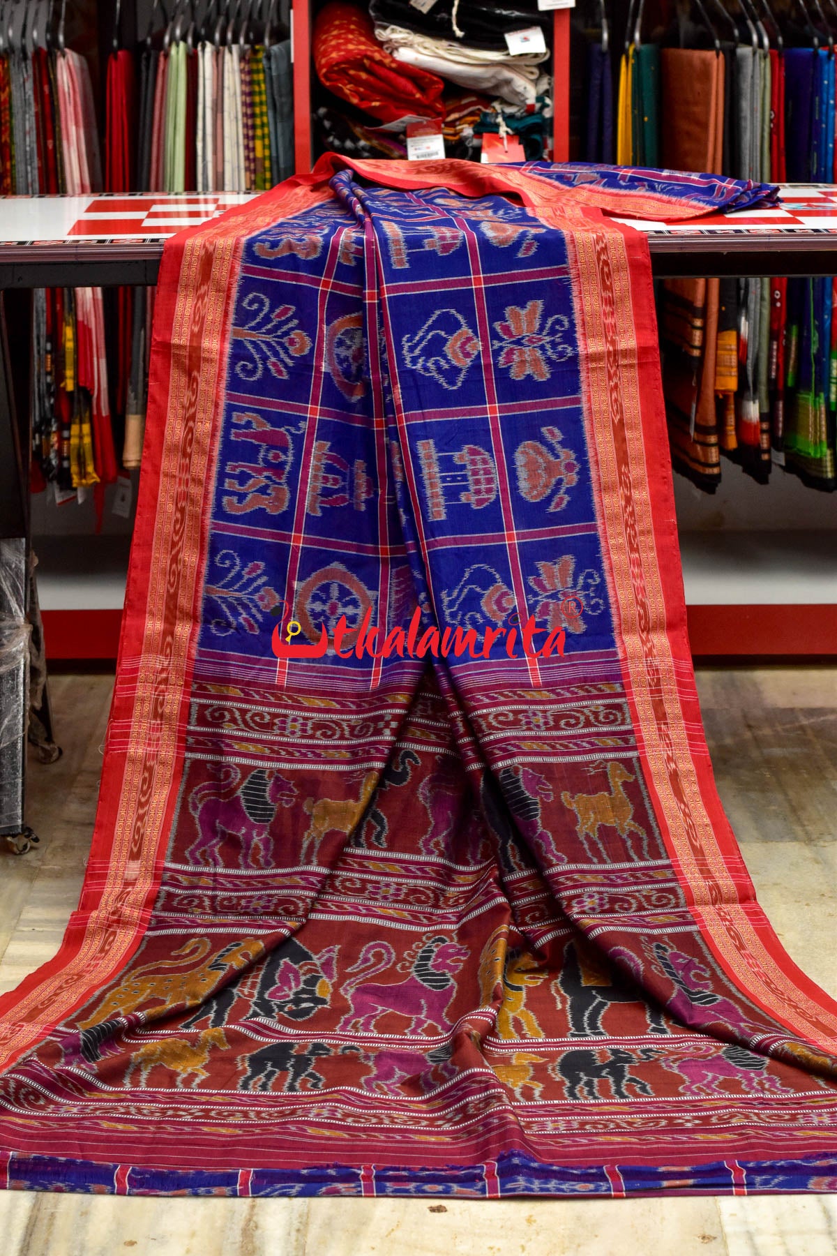 Blueish Red Border Nabakothi Cotton Saree