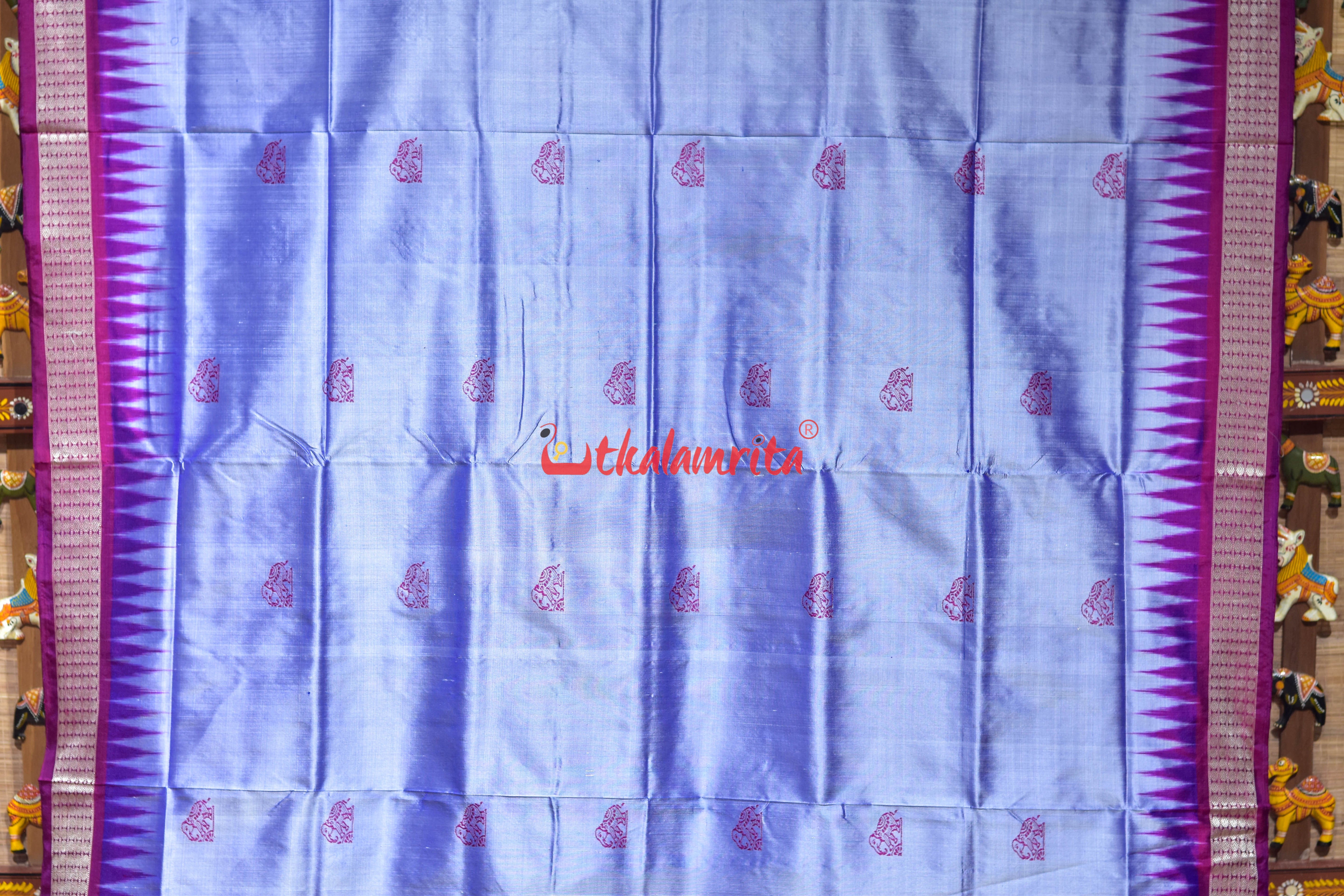 Sky Blue Elephant Bomkai Silk Saree