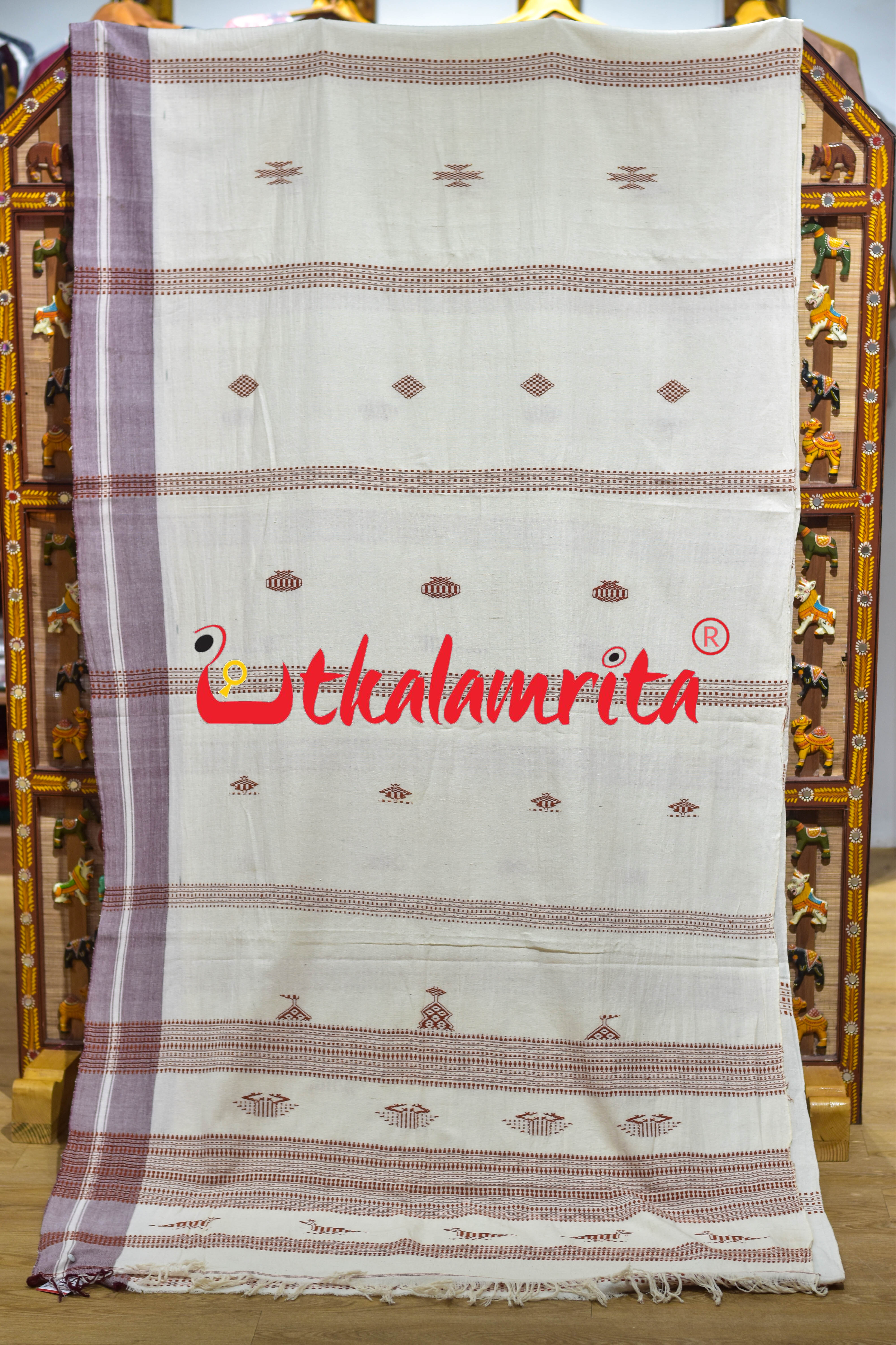 Off White Rust Adibasi Kotpad Cotton Saree