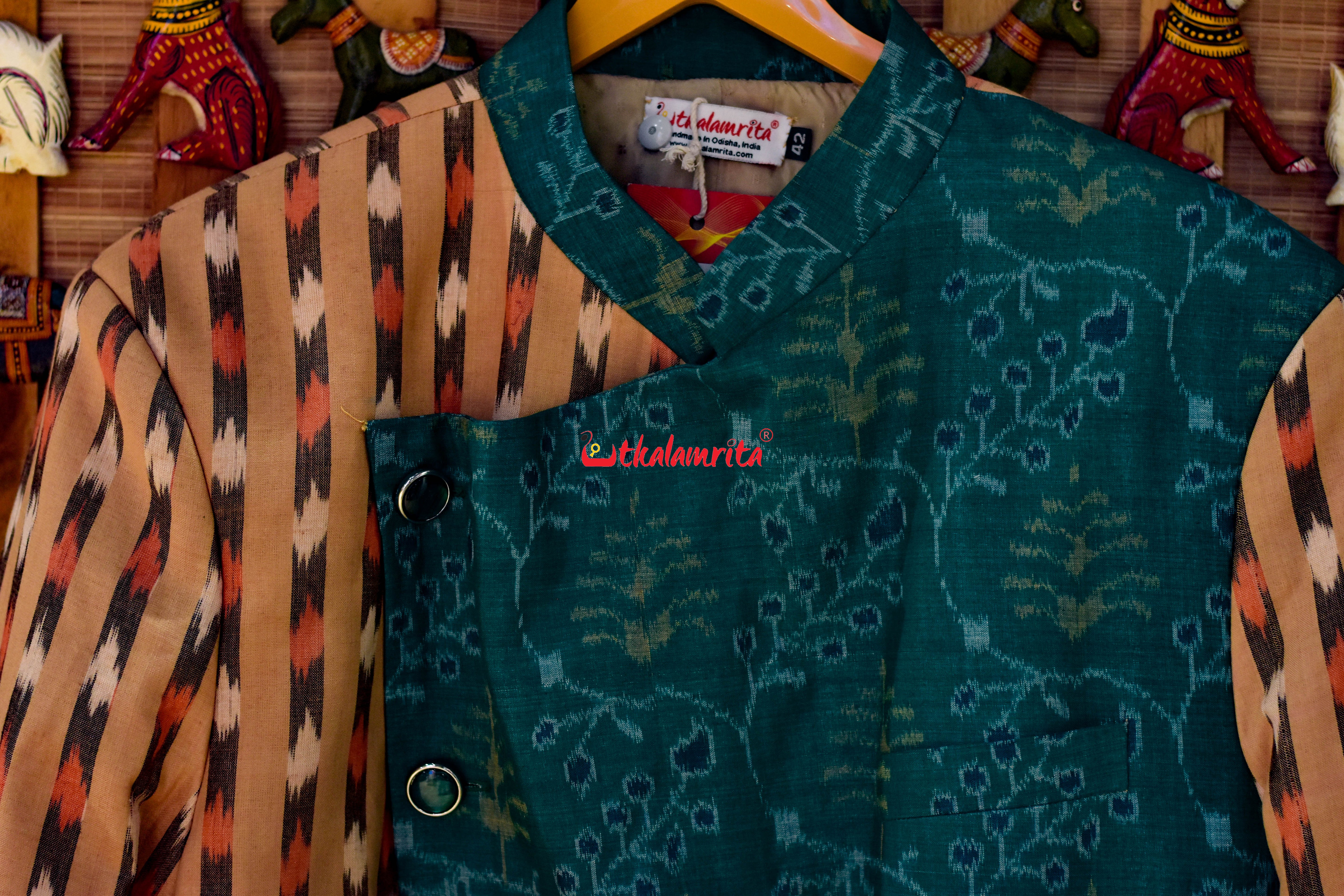 Green Lata Patra with Matha Dots Designer Asymmetric (Men's Blazer)