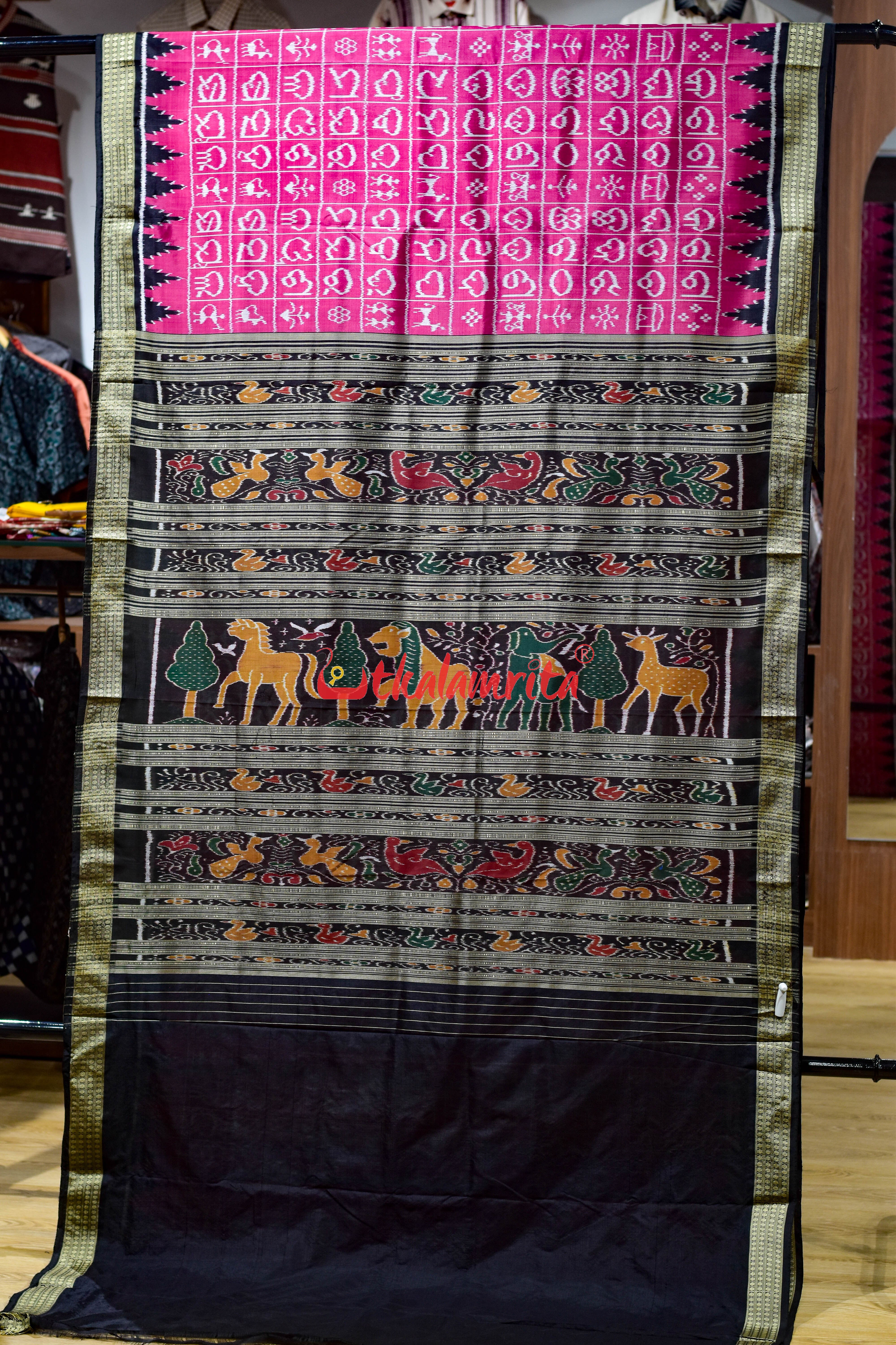 Pink Odia Alphabets Khandua Silk Saree