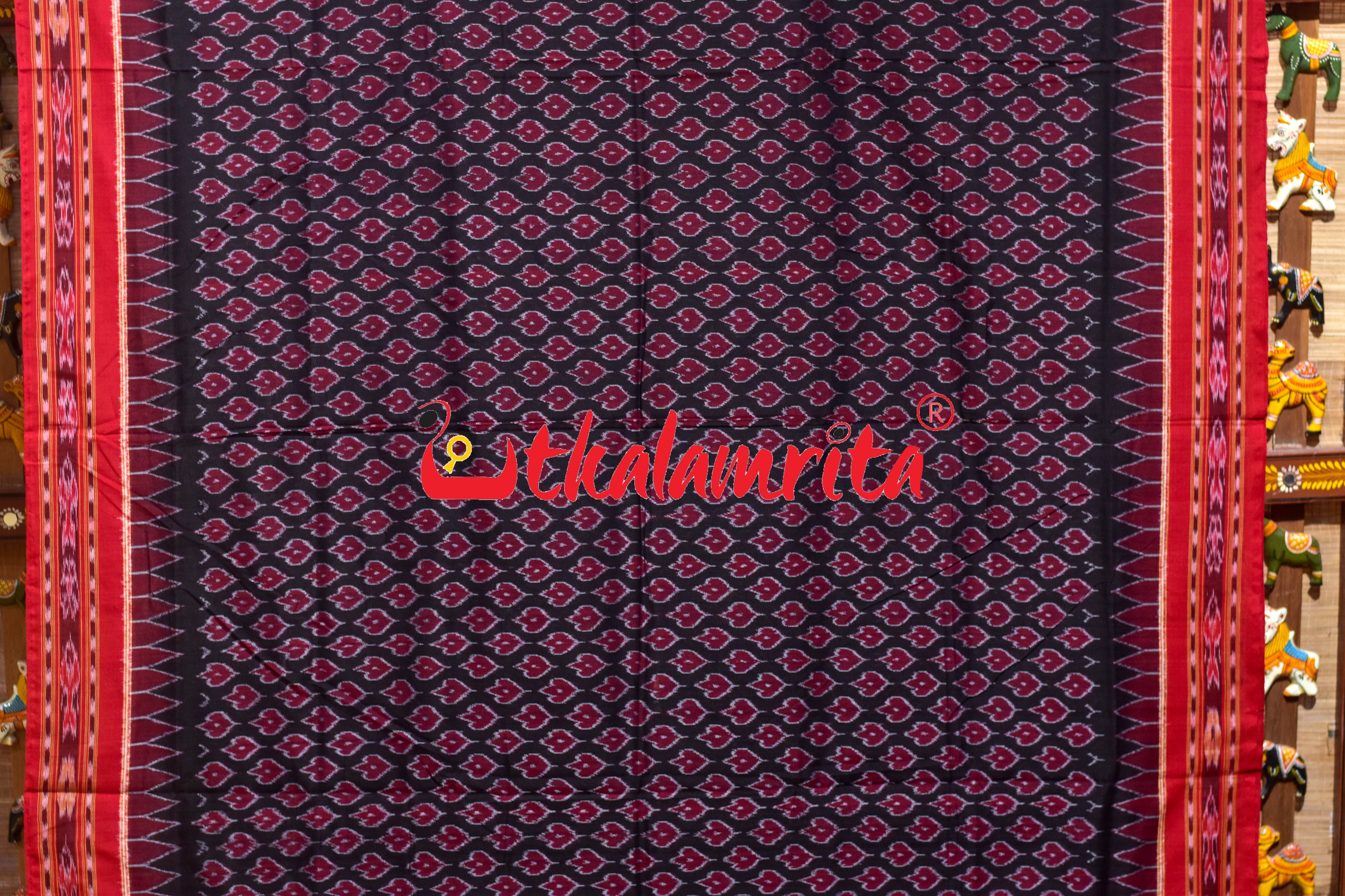 Black Red Maple Leaf Sambalpuri Cotton Saree