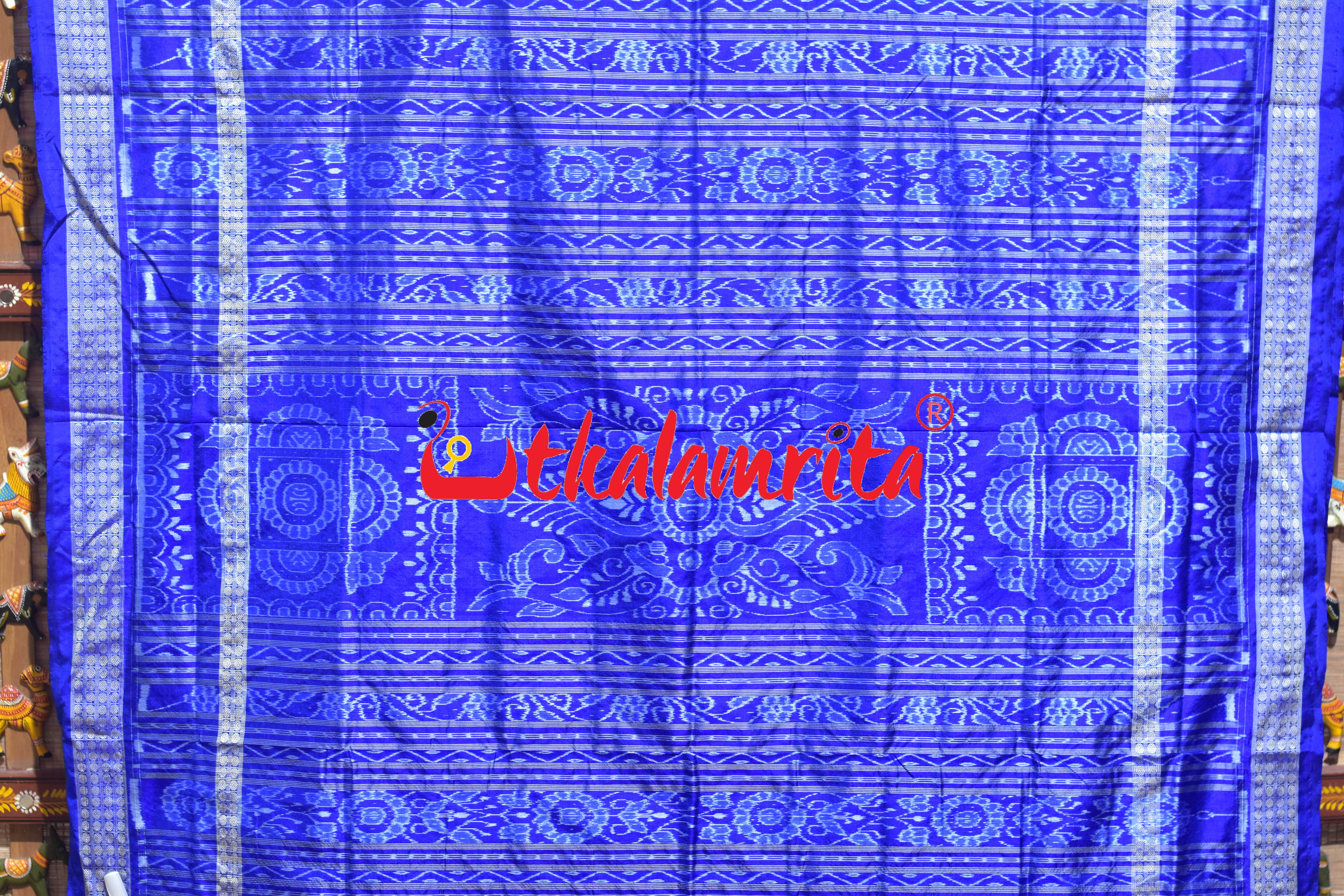 Grey Blue Leaf Lotus Sambalpuri Silk Saree