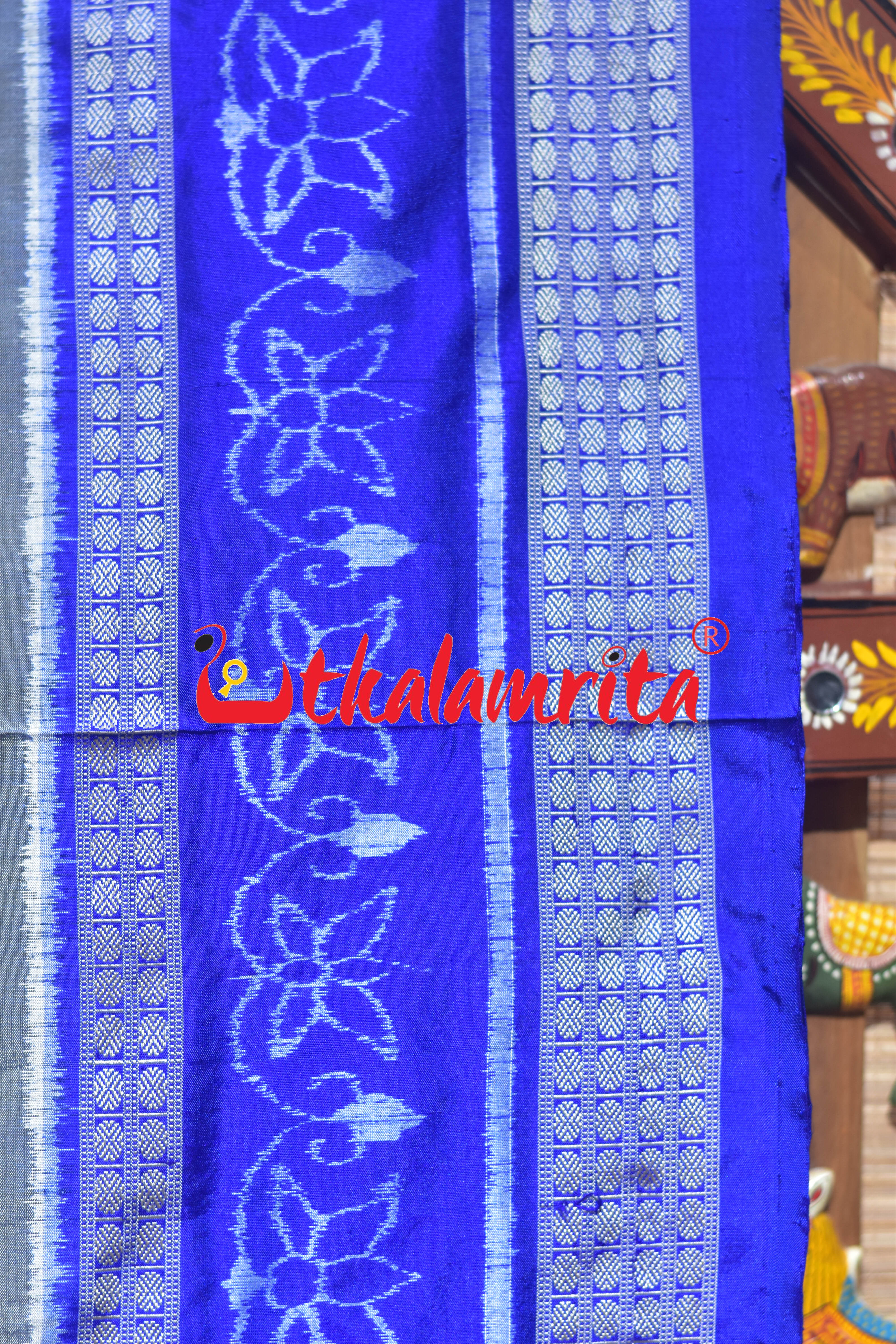 Grey Blue Leaf Lotus Sambalpuri Silk Saree