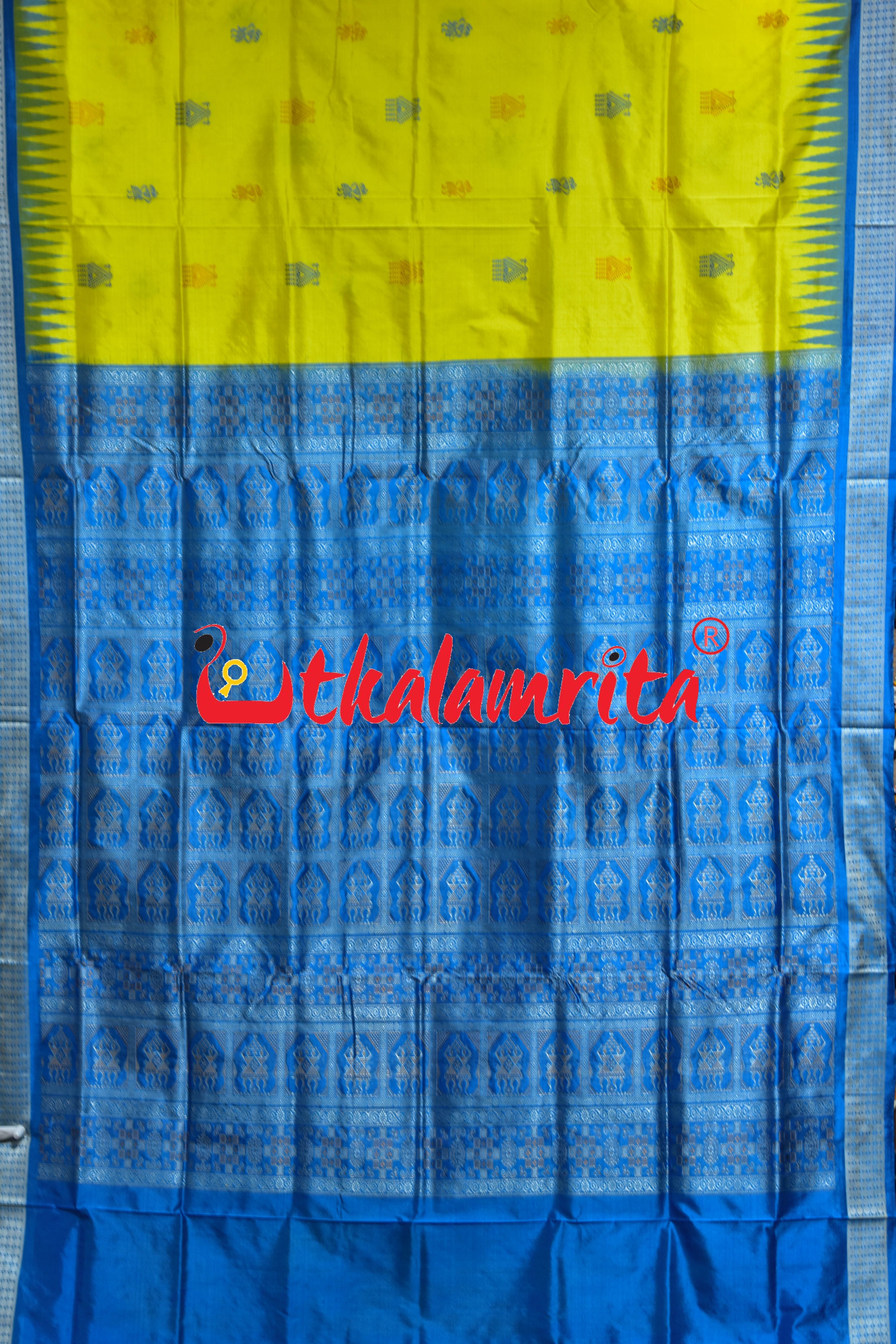 Lemon Yellow Blue Tribal Doll Bomkai Silk Saree