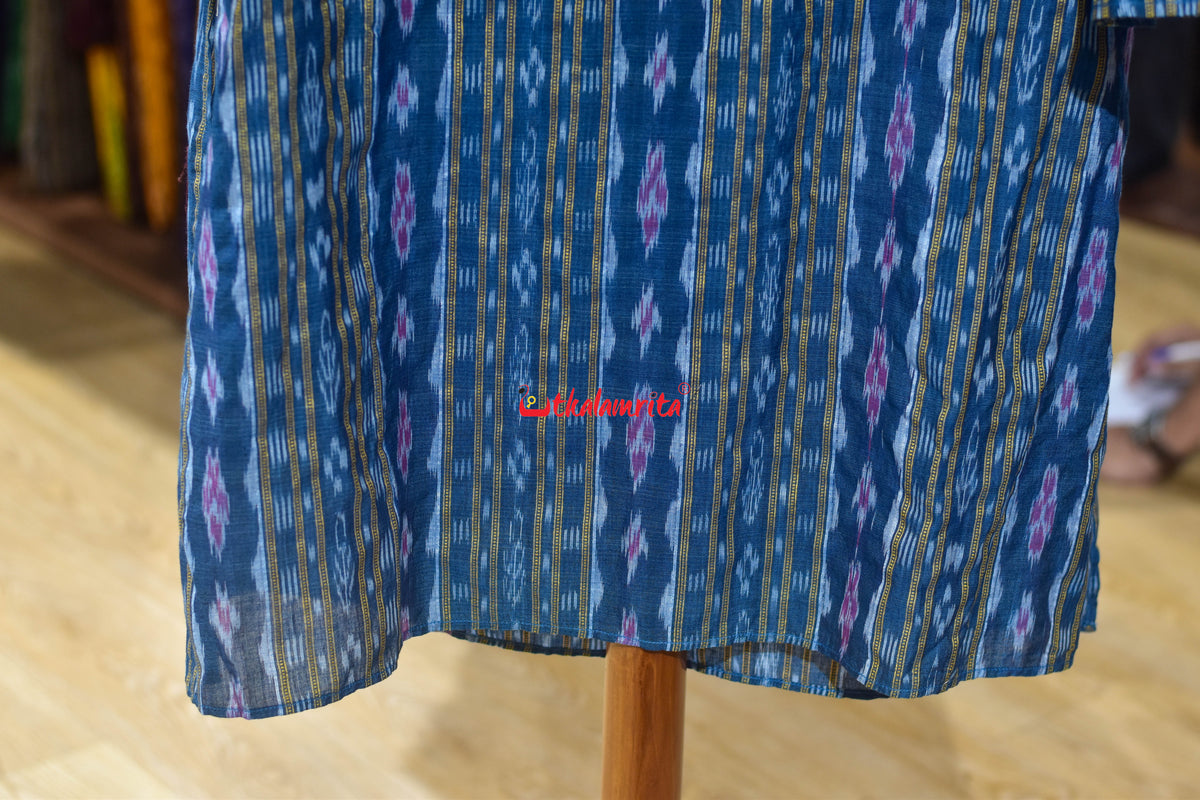 Teal Blue Red Flower Ikat (Men's Long Kurta)