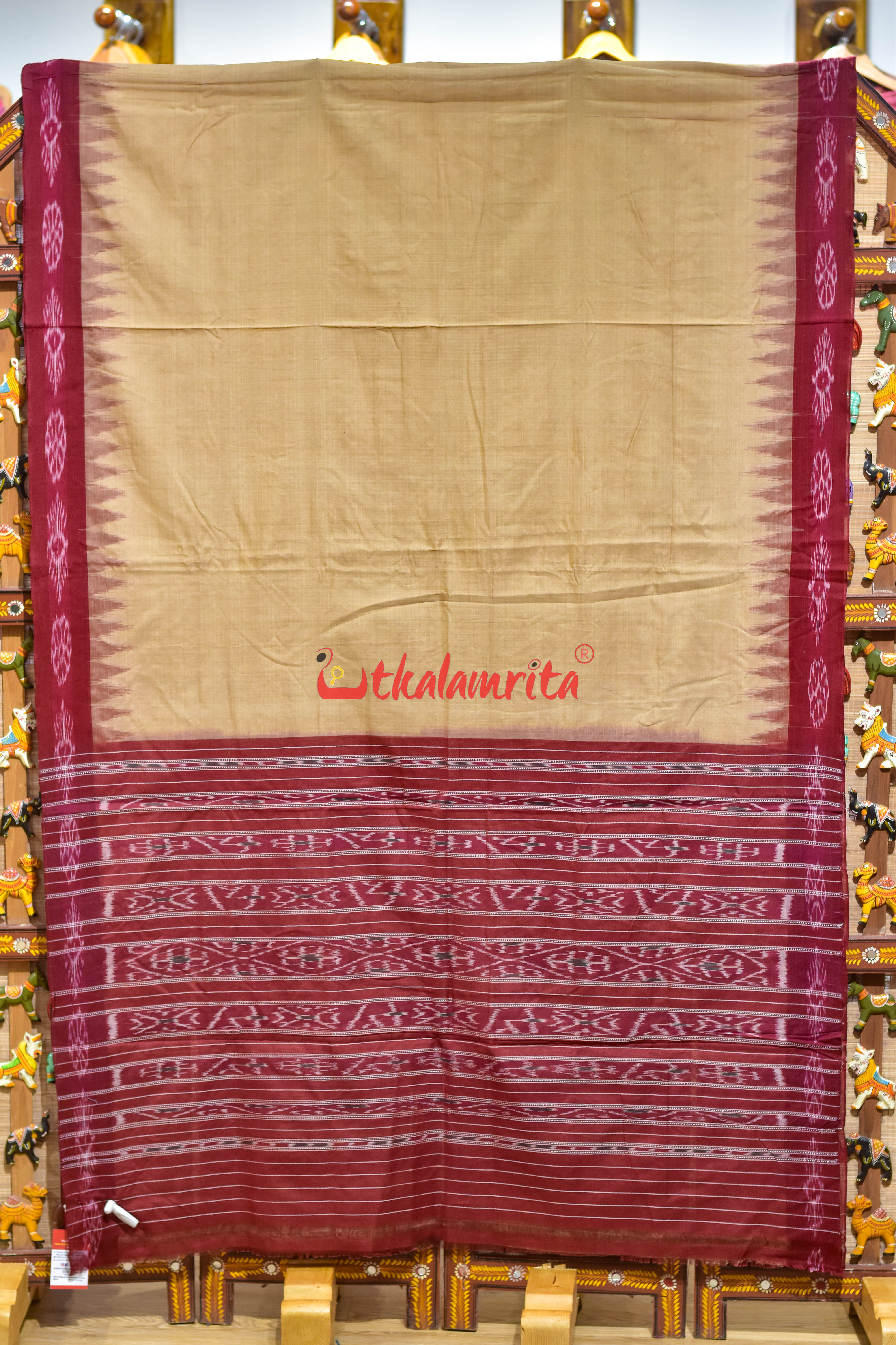 Tussarite with Maroon Big Flower Border Khandua Cotton Saree