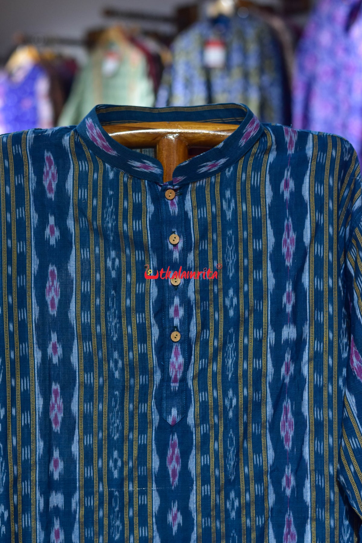 Teal Blue Red Flower Ikat (Men's Long Kurta)