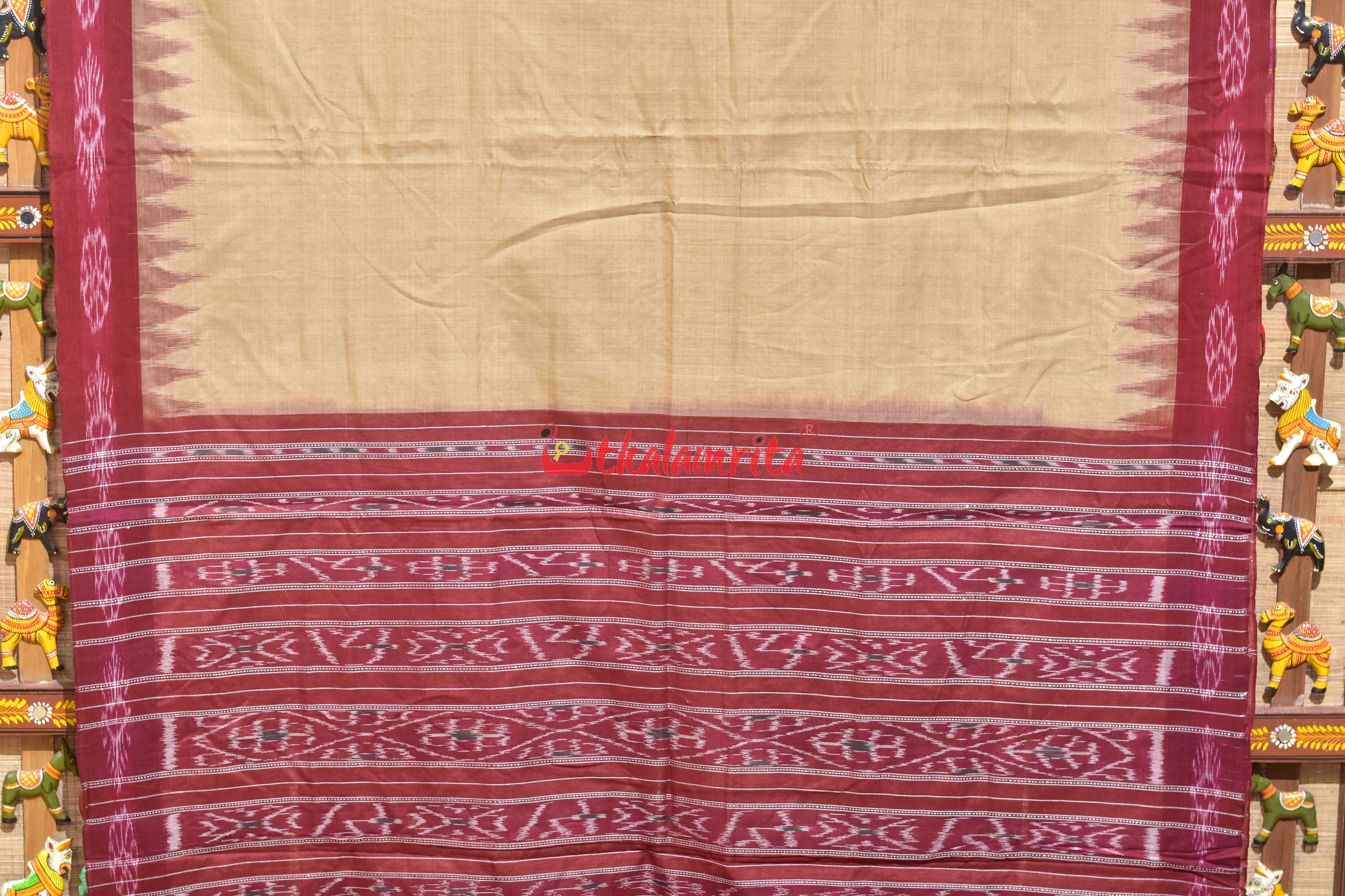 Tussarite with Maroon Big Flower Border Khandua Cotton Saree