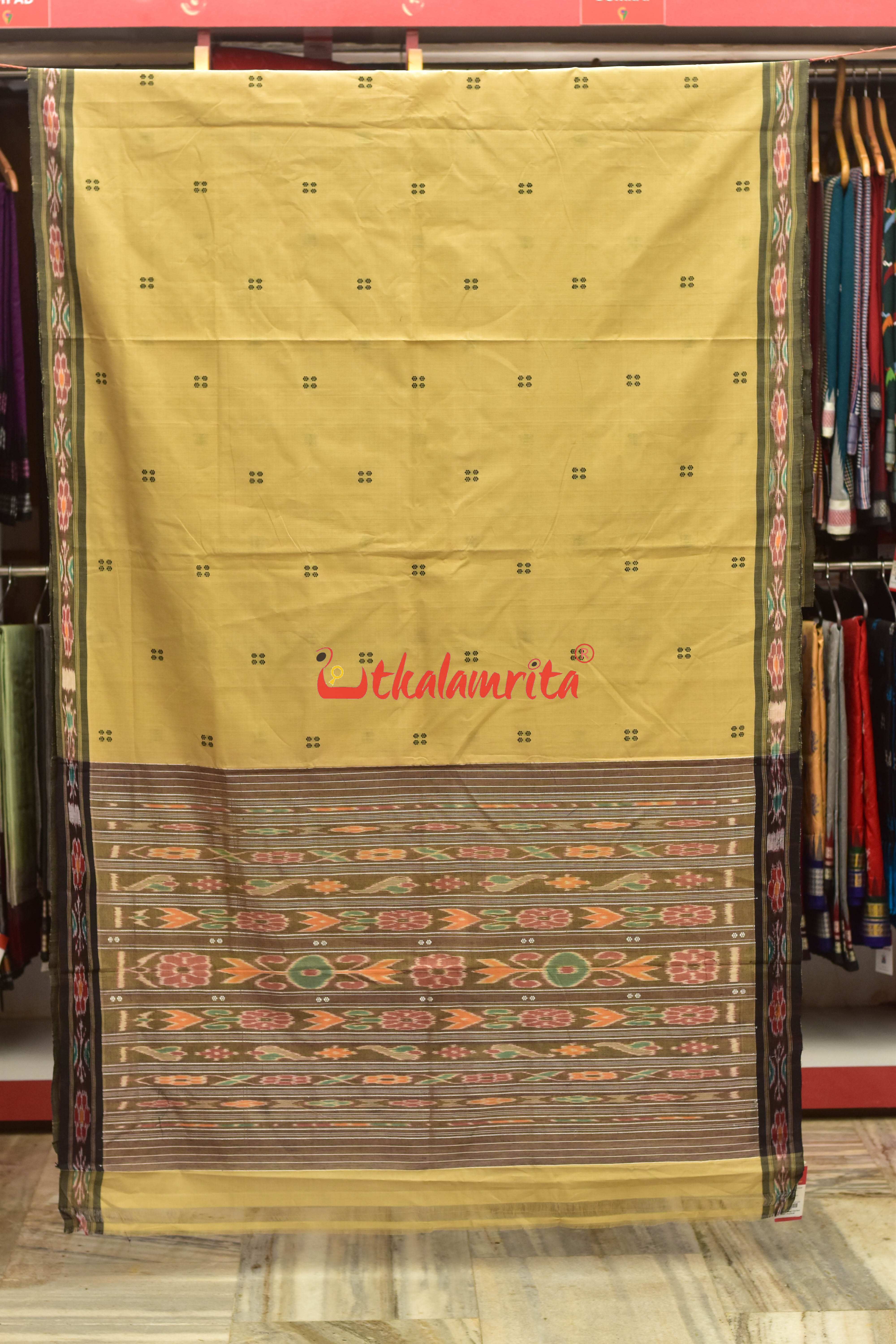 Beige Black Pittala Single Cotton Saree