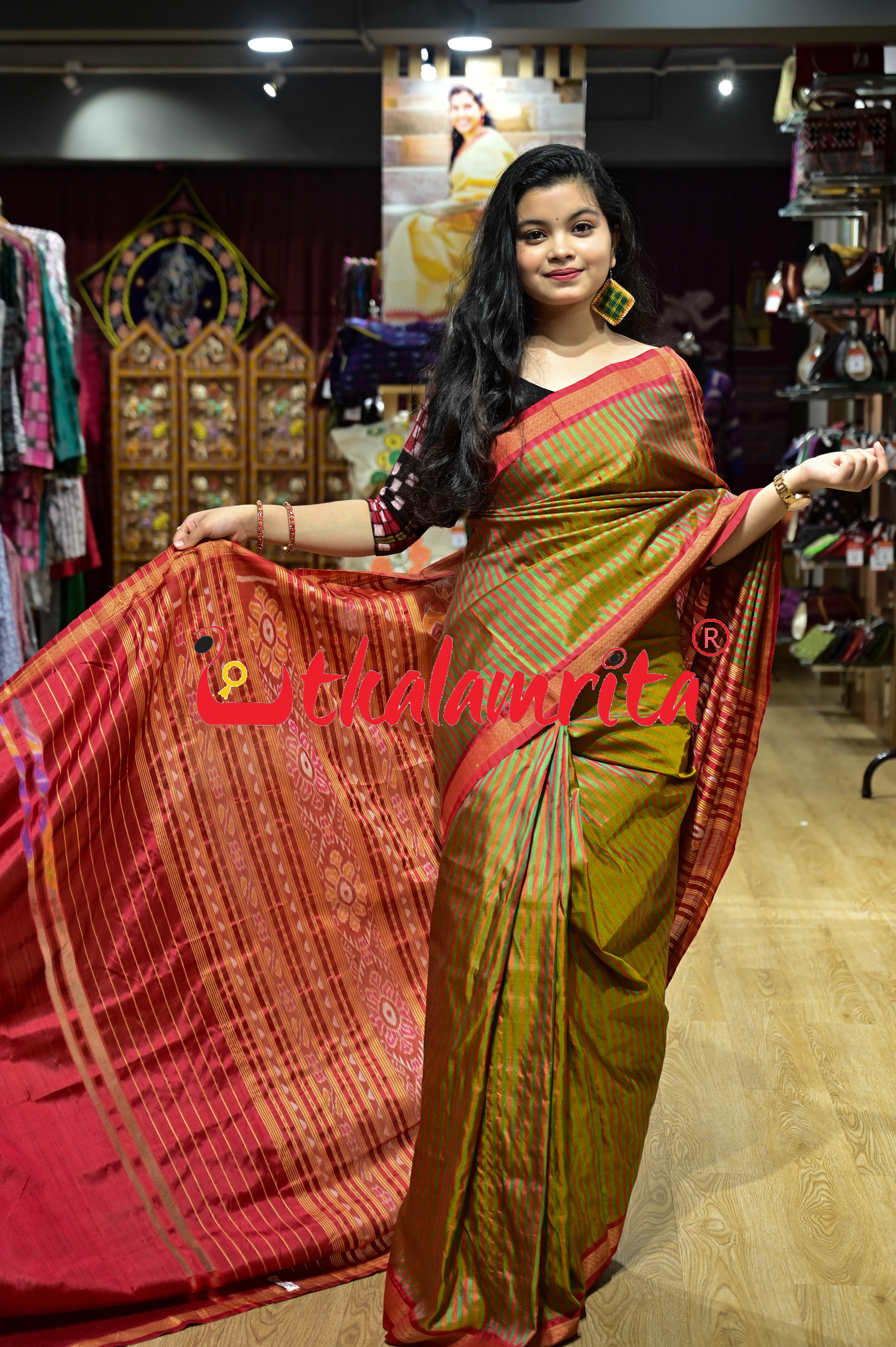Green Red Stripes Khandua Silk Saree