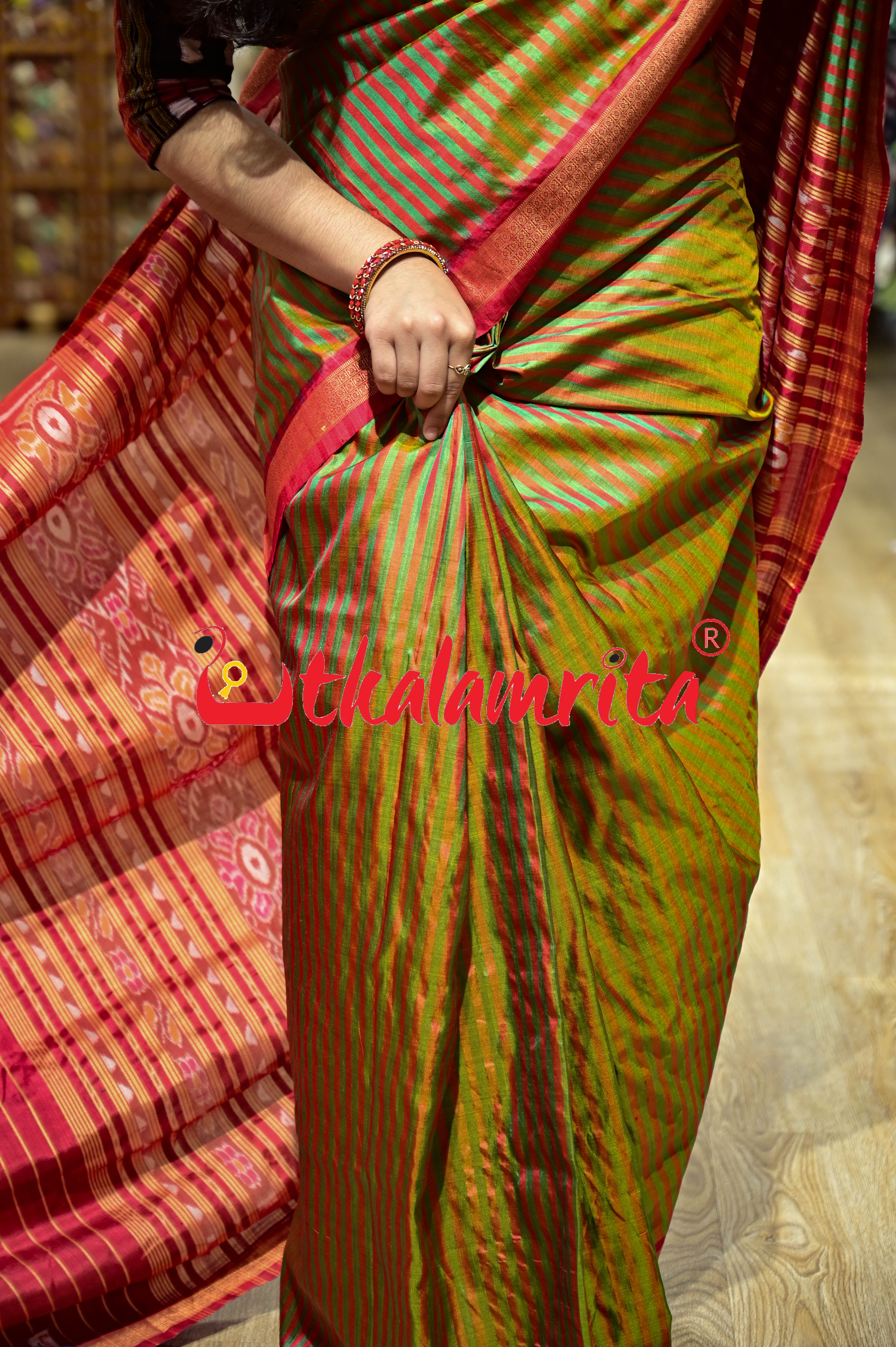 Green Red Stripes Khandua Silk Saree